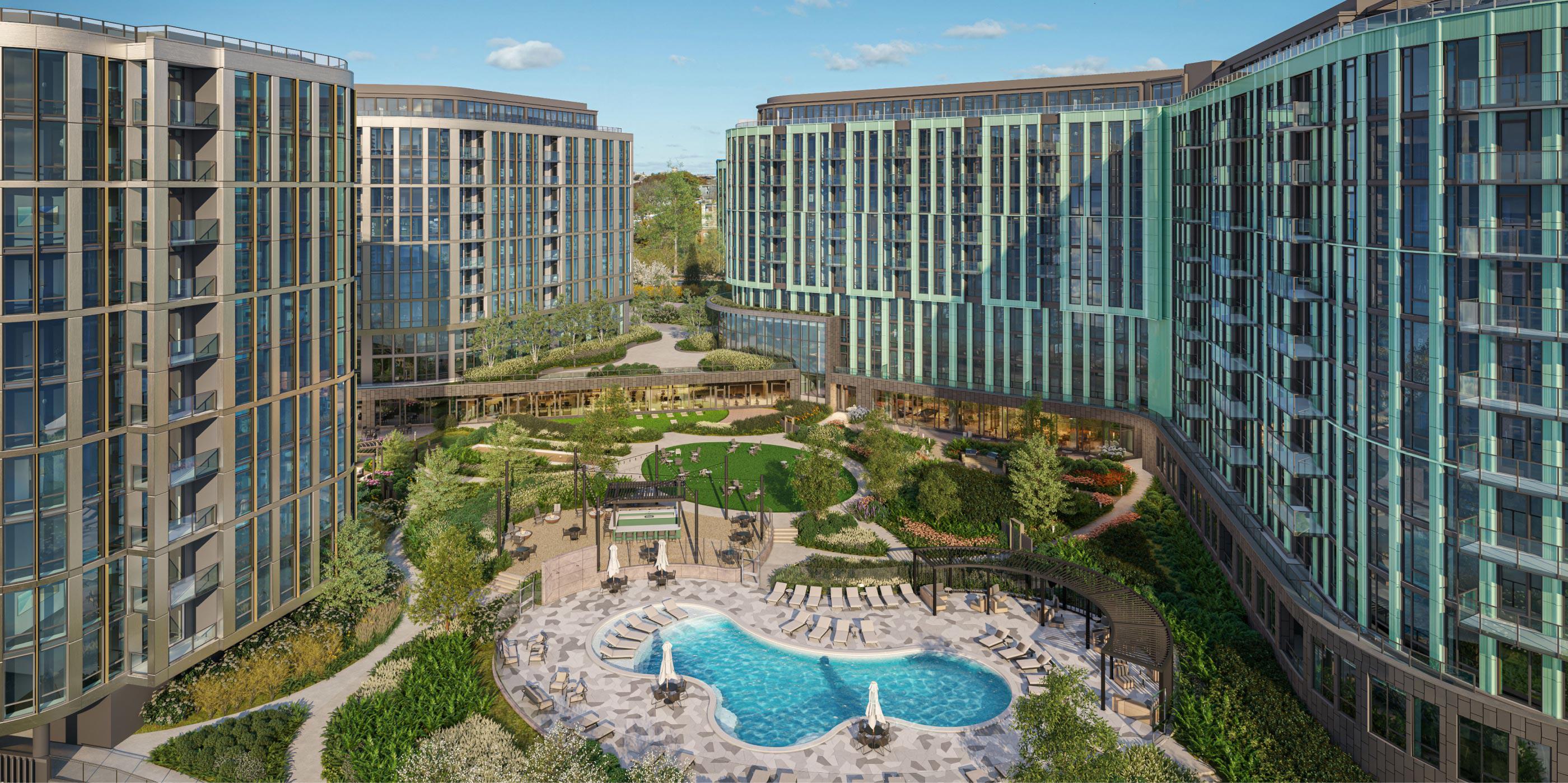 Aerial view of the redeveloped Wardman Park site in Woodley Park, DC, featuring the new Zephyr and Aerie high-rise buildings with sleek glass façades, landscaped courtyards, a resort-style pool, and lush green spaces throughout the property.