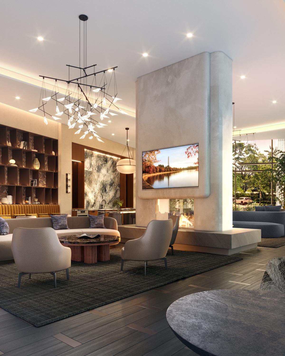 Sophisticated lounge at Zephyr in Woodley Park, DC, featuring a modern double-sided fireplace, plush seating areas, a curated wall display, and floor-to-ceiling windows that bring in natural light and views of the landscaped surroundings.