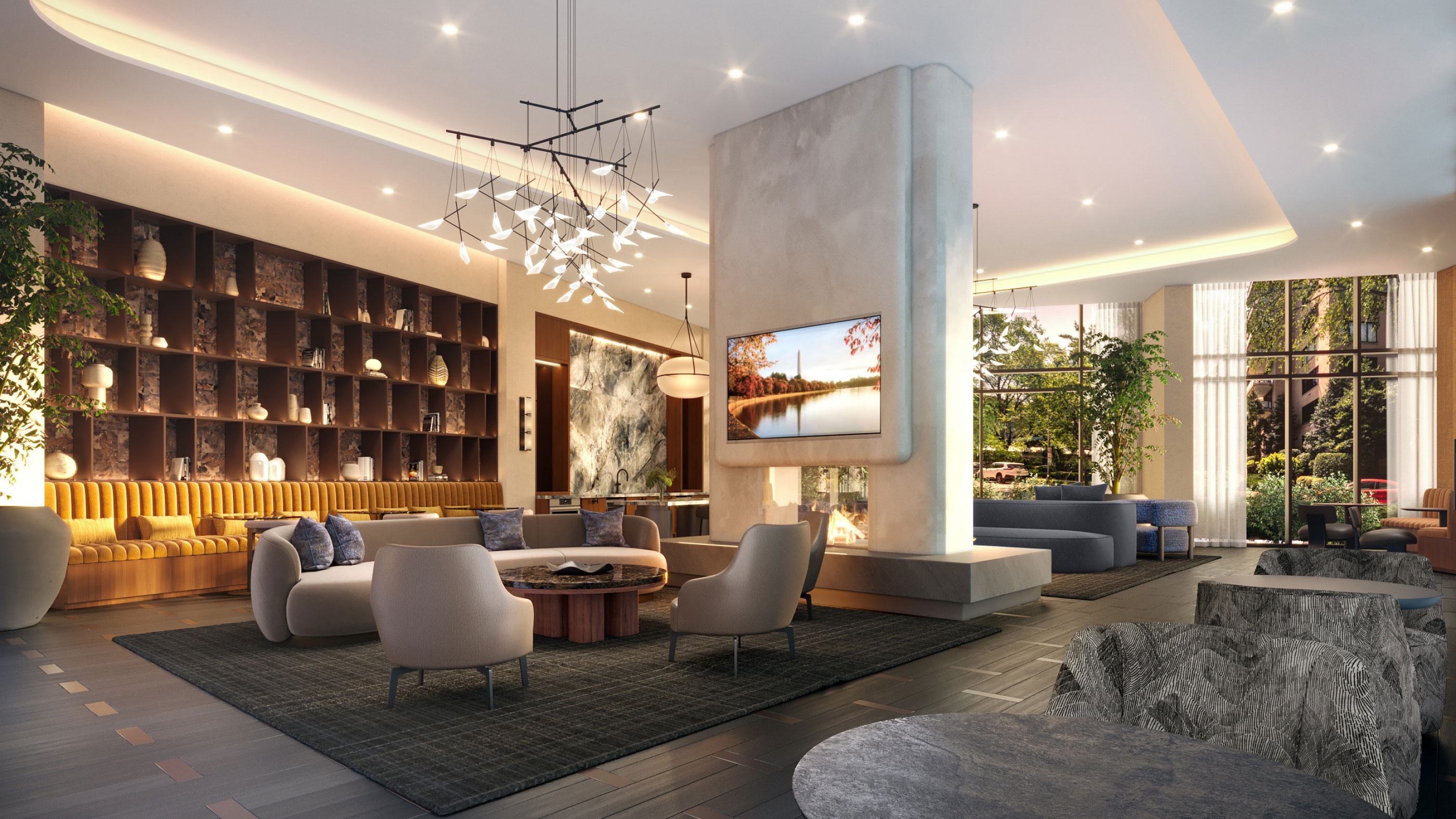 Sophisticated lounge at Zephyr in Woodley Park, DC, featuring a modern double-sided fireplace, plush seating areas, a curated wall display, and floor-to-ceiling windows that bring in natural light and views of the landscaped surroundings.