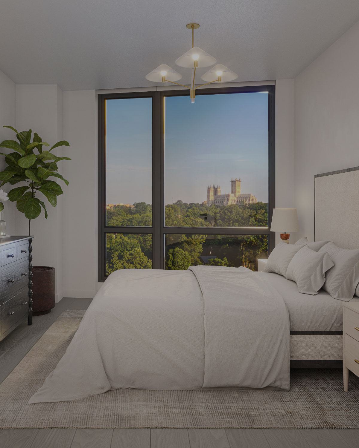 Bedroom at Zephyr in Woodley Park, DC, featuring a soft neutral palette, modern lighting, and floor-to-ceiling windows with views of the Washington National Cathedral rising above the treetops.