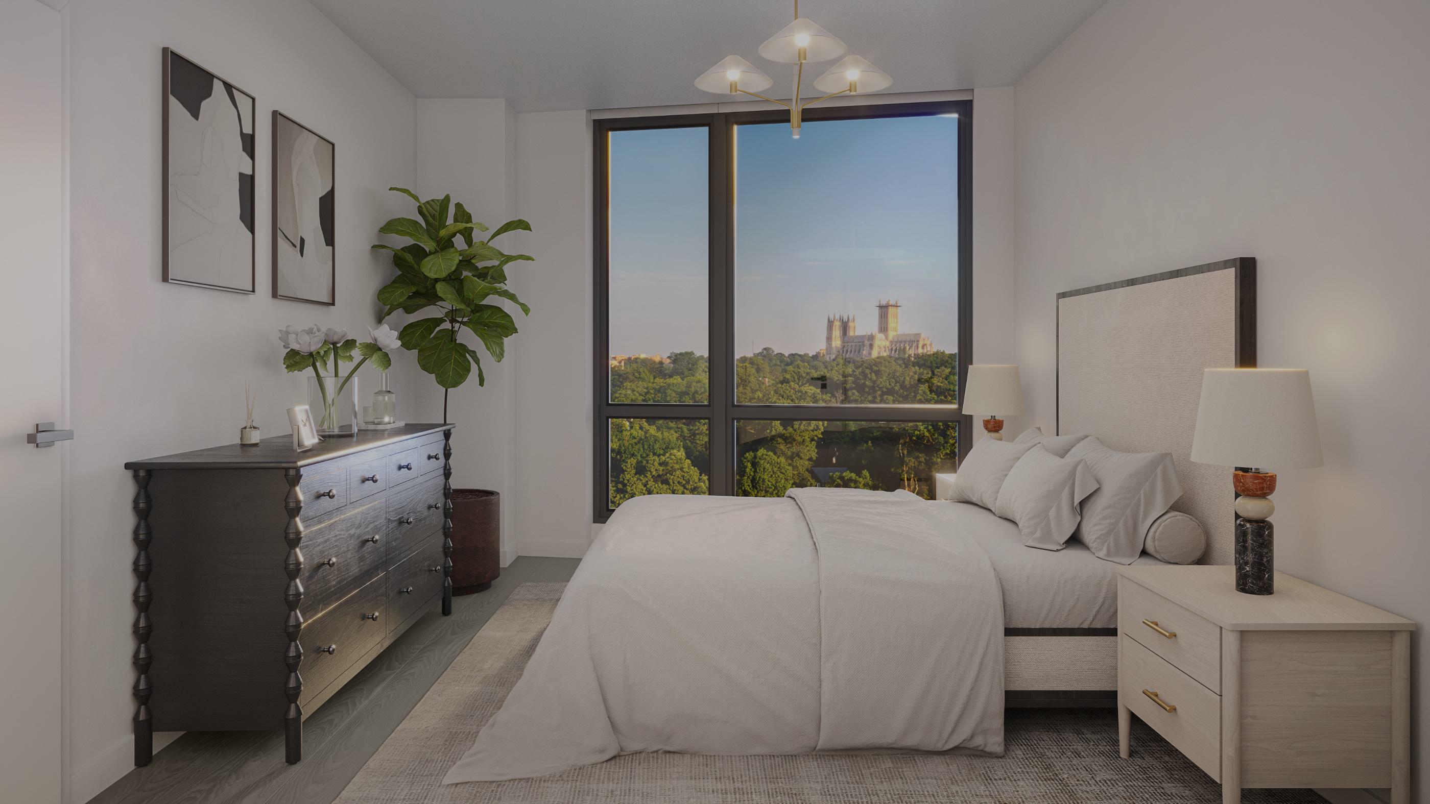 Bedroom at Zephyr in Woodley Park, DC, featuring a soft neutral palette, modern lighting, and floor-to-ceiling windows with views of the Washington National Cathedral rising above the treetops.