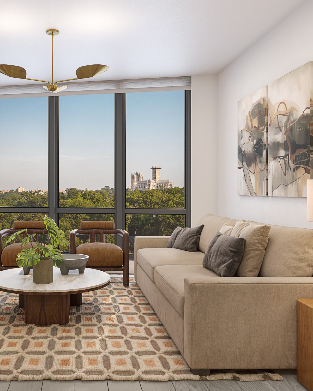 Living room at Zephyr in Woodley Park, DC, featuring a neutral-toned sofa, modern accents, and floor-to-ceiling windows with treetop views of the Washington National Cathedral in the distance.