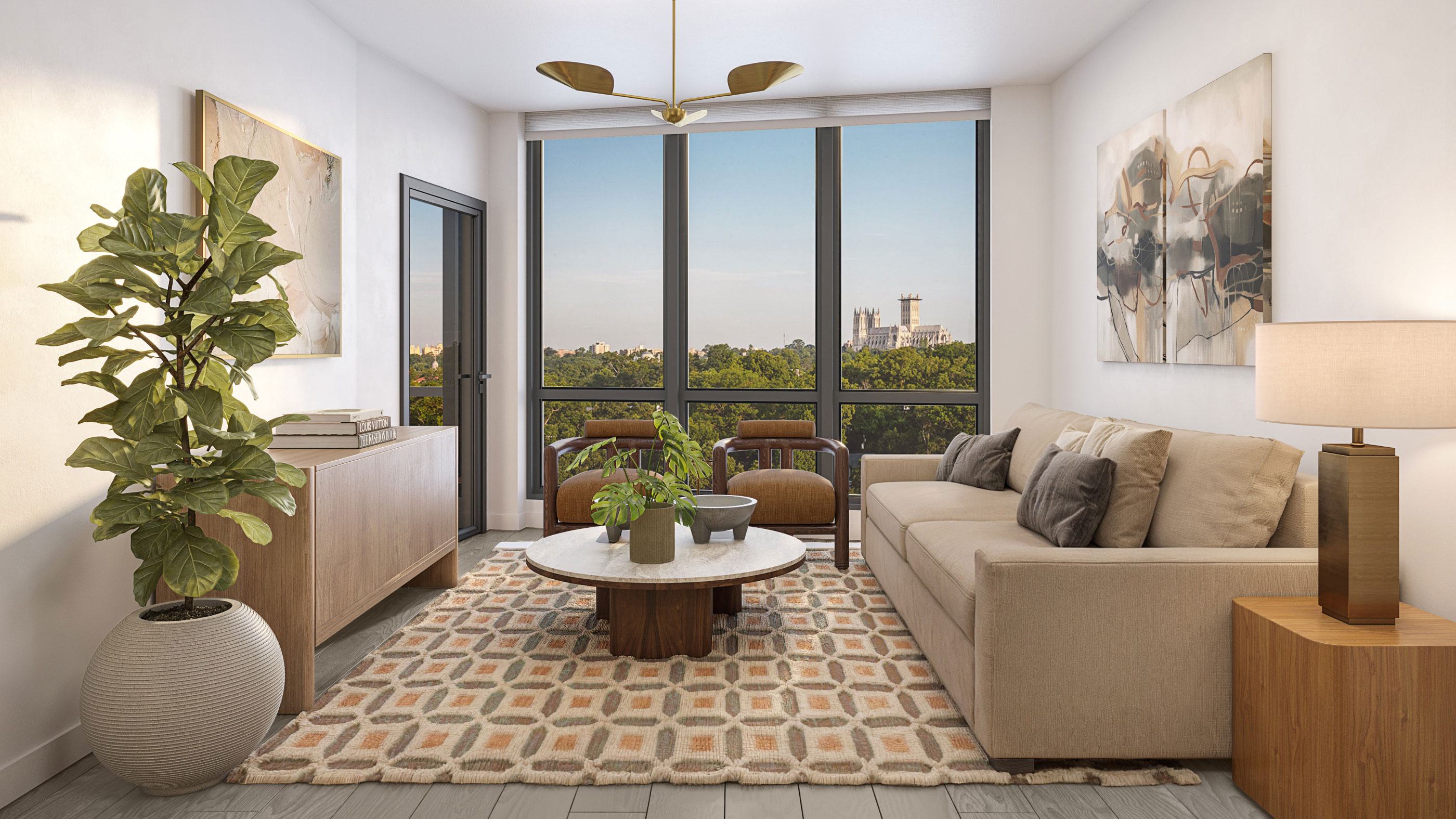Living room at Zephyr in Woodley Park, DC, featuring a neutral-toned sofa, modern accents, and floor-to-ceiling windows with treetop views of the Washington National Cathedral in the distance.