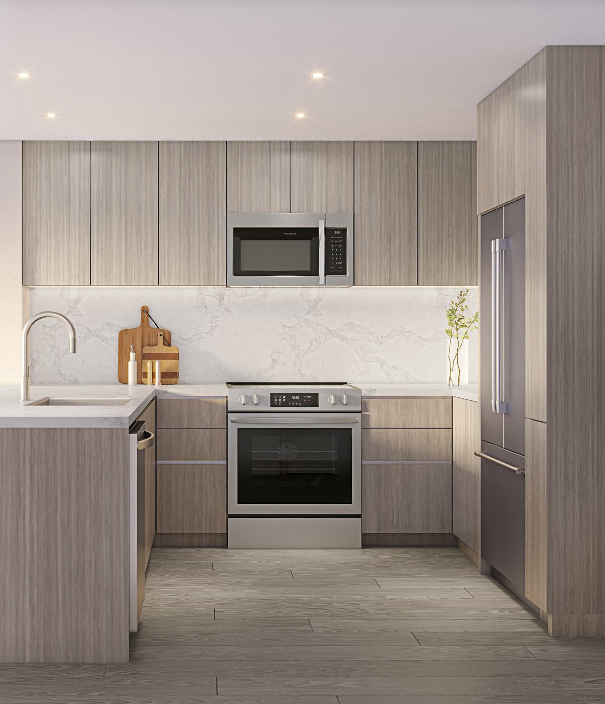 Modern kitchen at Zephyr in Woodley Park, DC, featuring light wood cabinetry, sleek integrated appliances, a marble backsplash, quartz countertops, and a peninsula with seating for two.