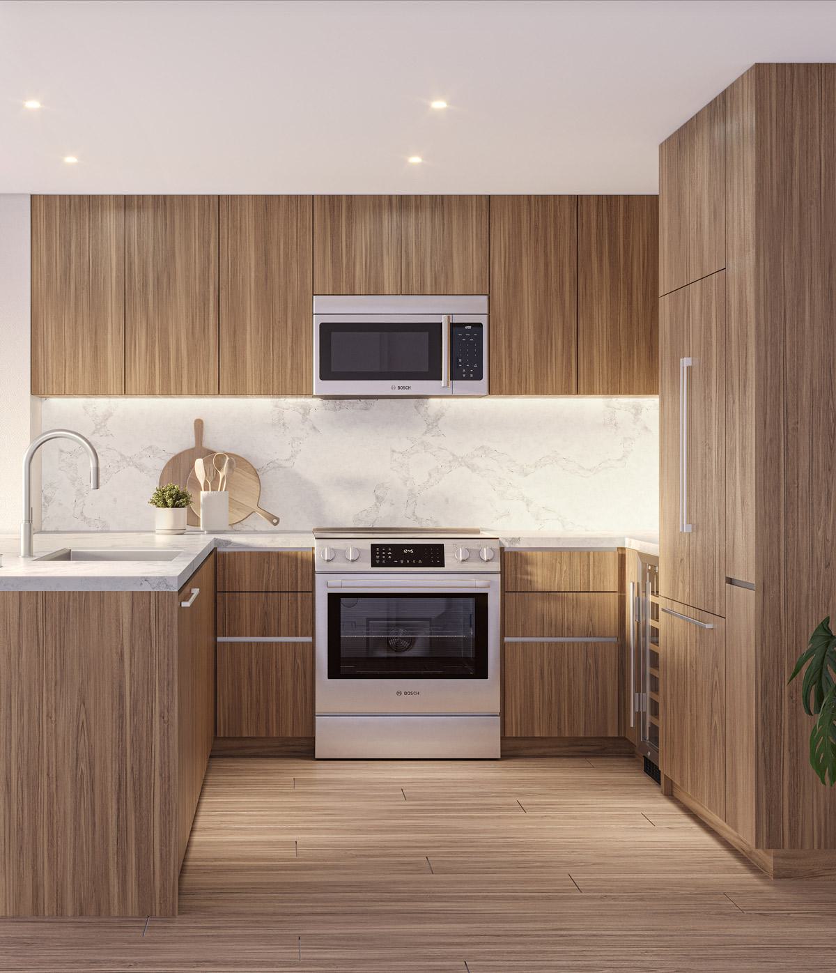 Collection residence kitchen at Zephyr in Woodley Park, DC, featuring upgraded Bosch stainless steel appliances, warm wood cabinetry, quartz countertops, and a sleek marble backsplash with a peninsula island and seating.