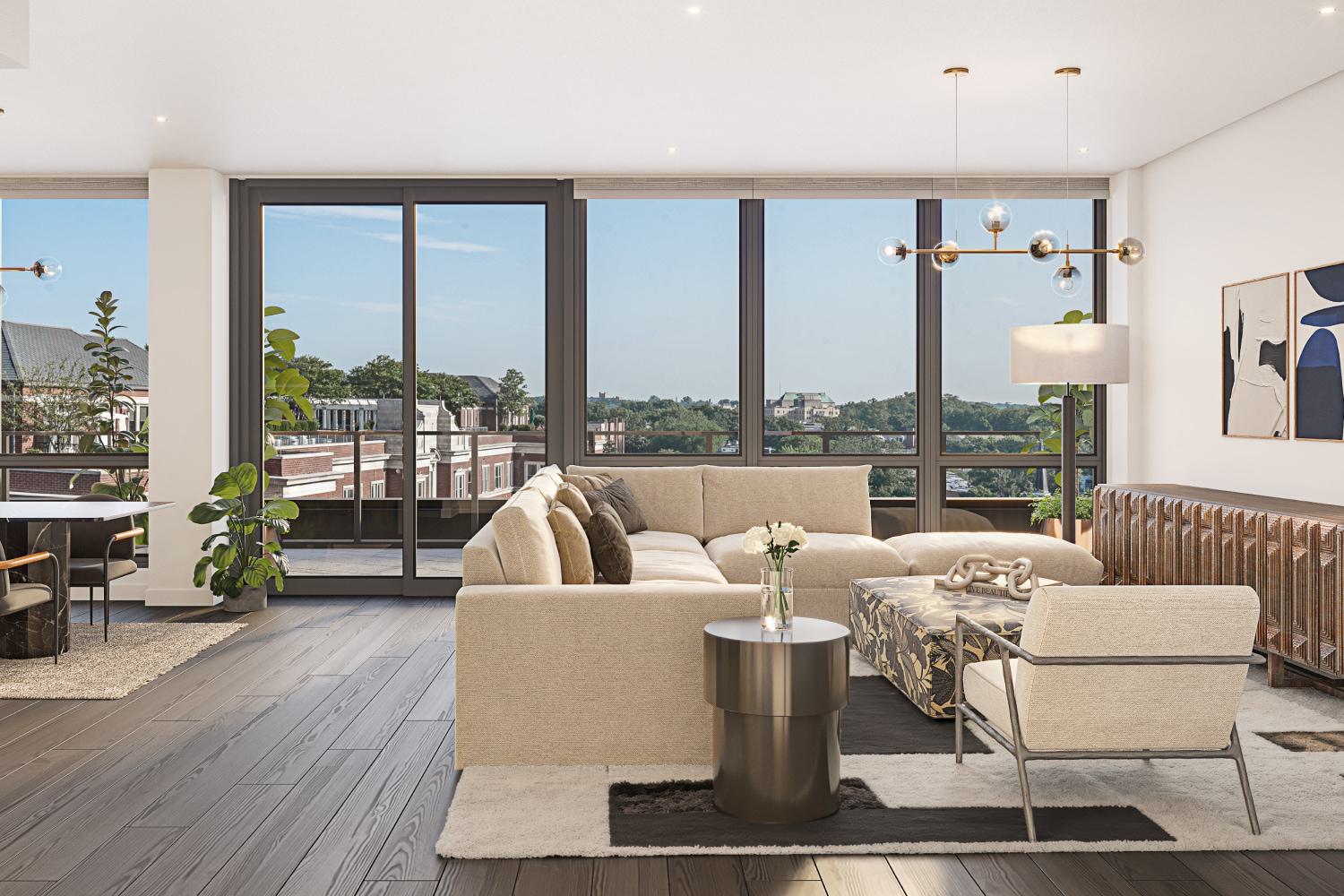 Penthouse living room at Zephyr in Woodley Park, DC, featuring a spacious open layout, contemporary furnishings, floor-to-ceiling windows, and sweeping views of the neighborhood and treetops.