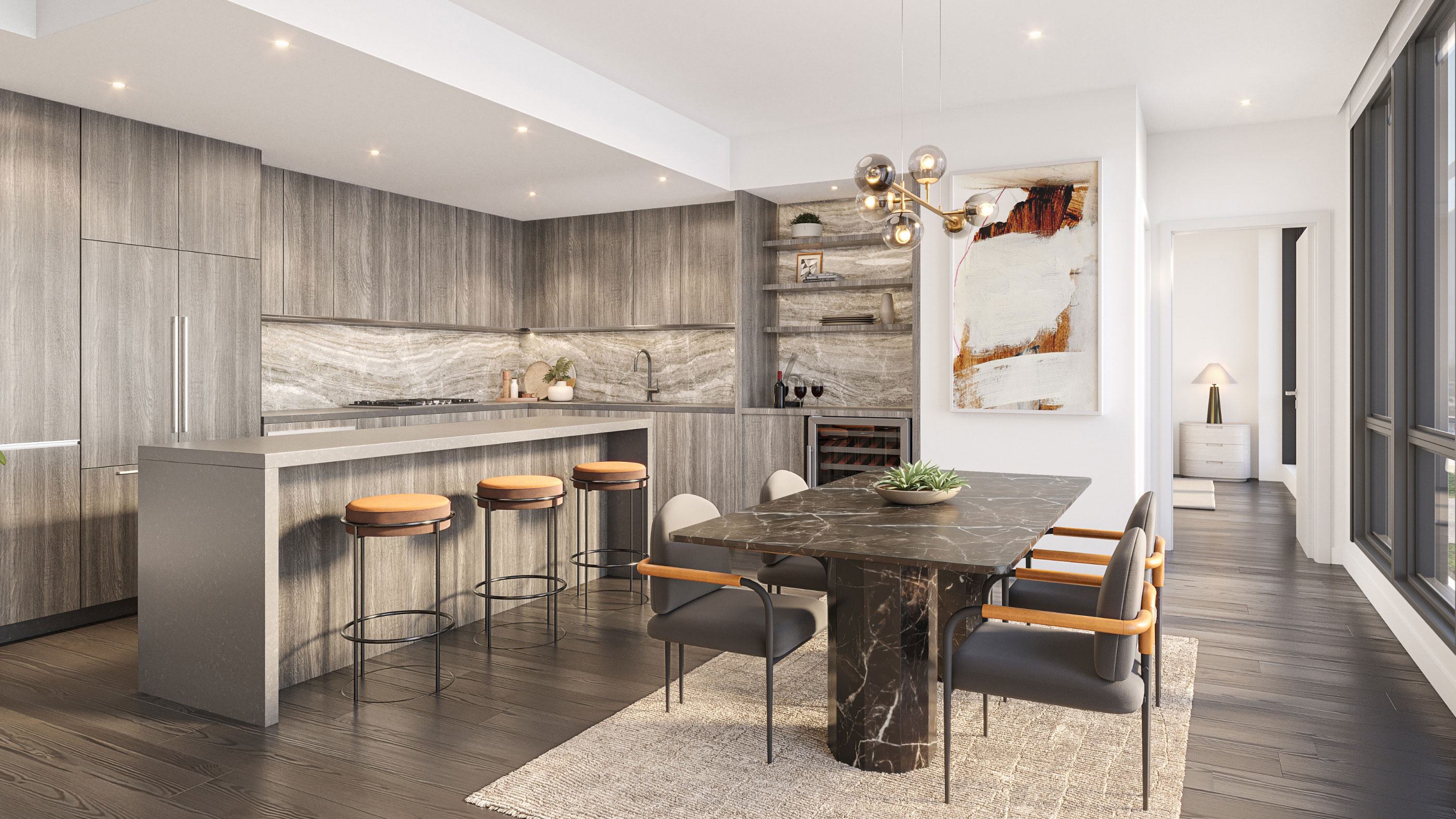 Penthouse kitchen and dining area at Zephyr in Woodley Park, DC, featuring sleek gray wood cabinetry, integrated appliances, a large island with bar seating, and a black marble dining table accented by modern pendant lighting.