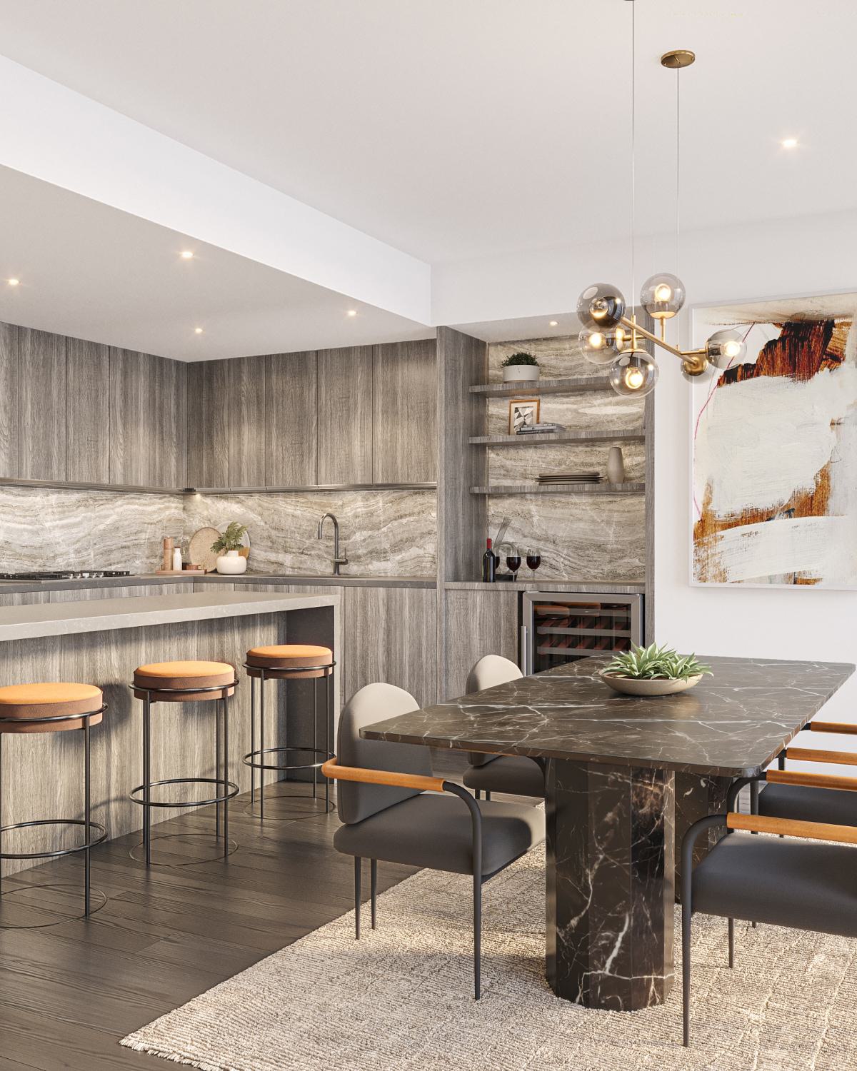 Penthouse kitchen and dining area at Zephyr in Woodley Park, DC, featuring sleek gray wood cabinetry, integrated appliances, a large island with bar seating, and a black marble dining table accented by modern pendant lighting.