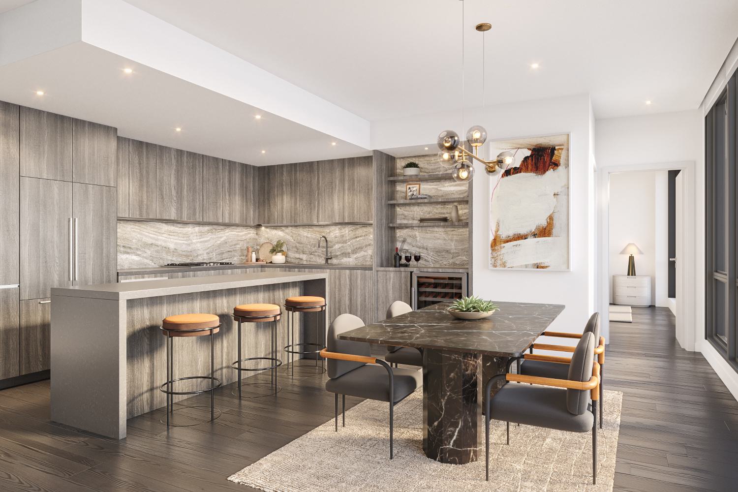 Penthouse kitchen and dining area at Zephyr in Woodley Park, DC, featuring sleek gray wood cabinetry, integrated appliances, a large island with bar seating, and a black marble dining table accented by modern pendant lighting.