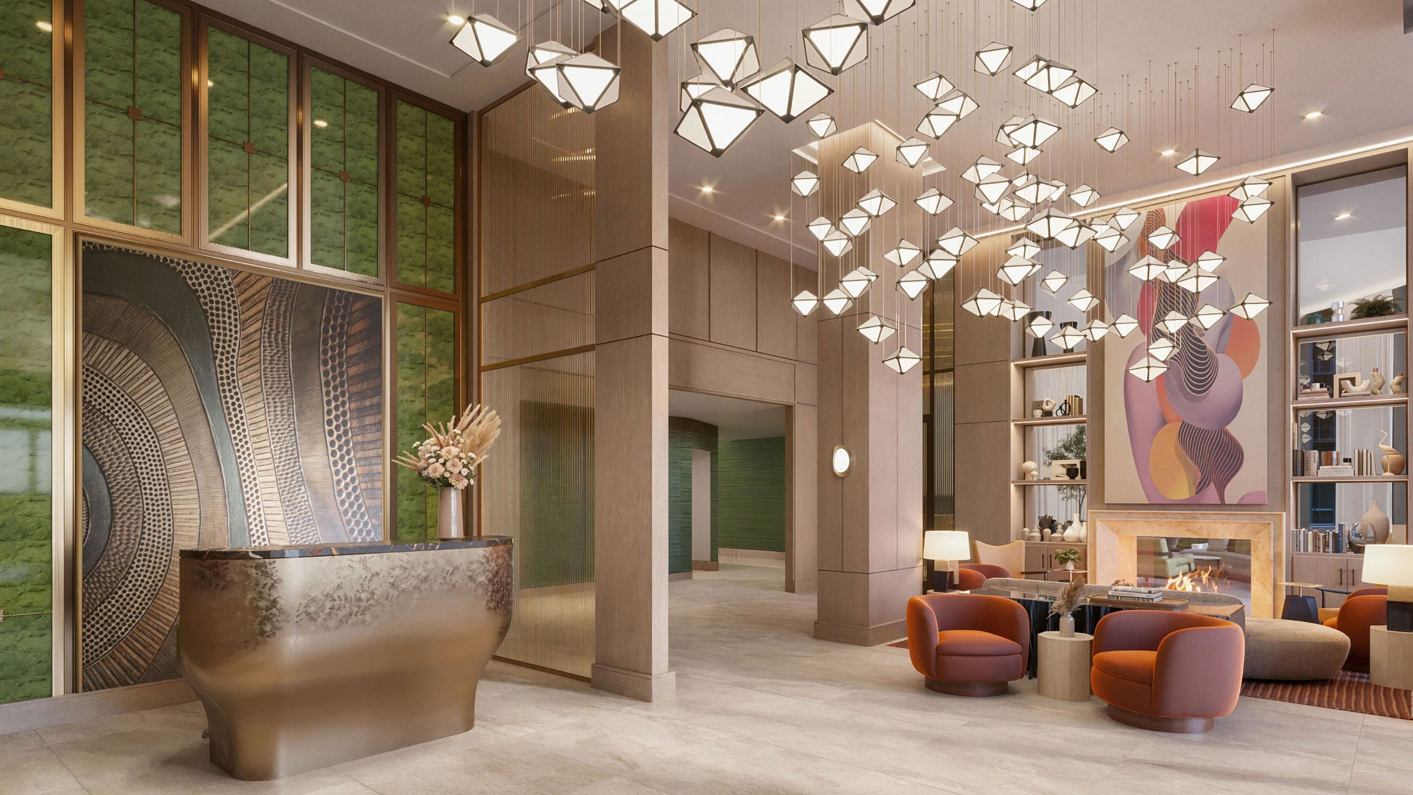 expansive lobby at aerie apartments with original artwork, ceiling pendant, fireplace, luxe seating and more