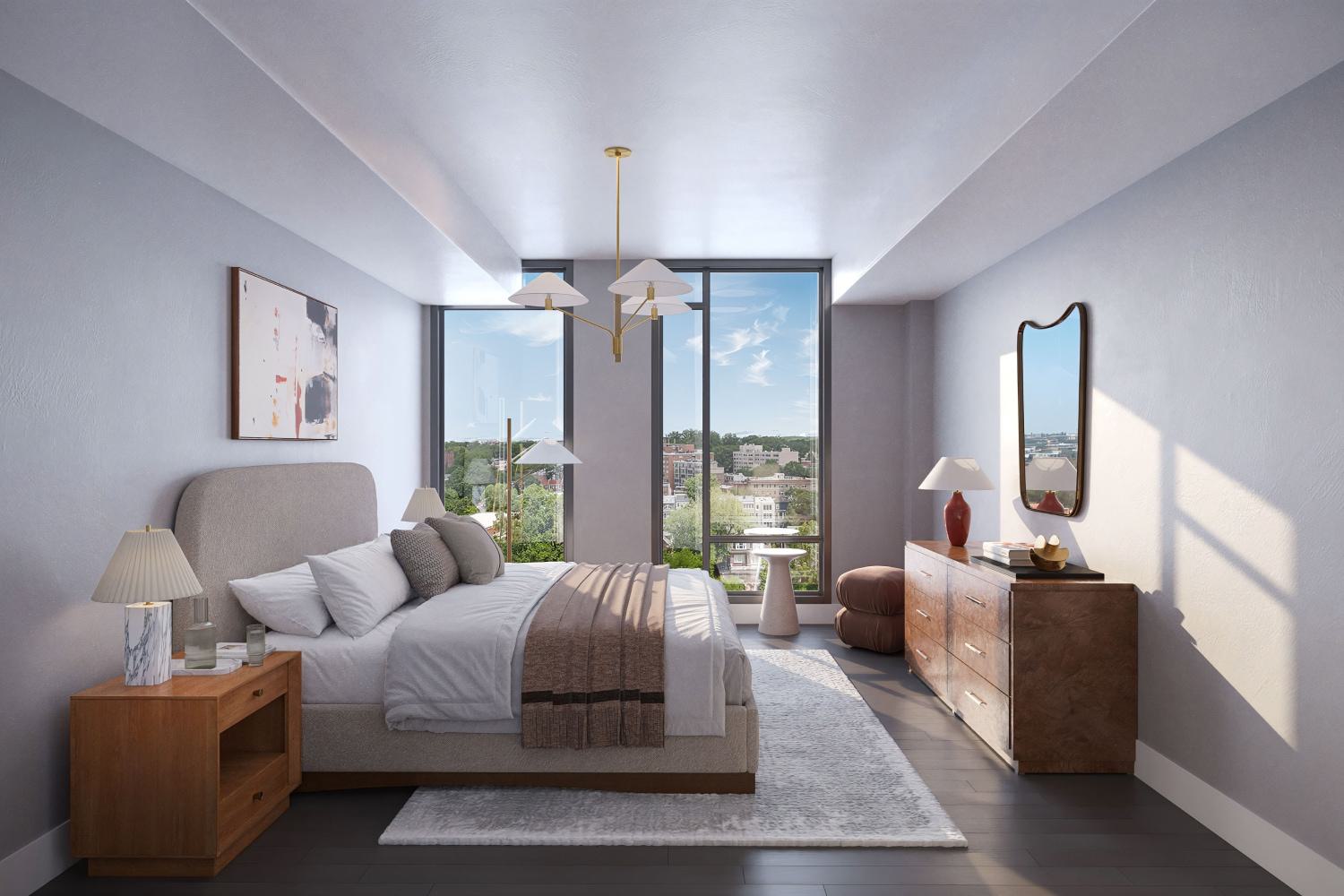 expansive luxury bedroom at aerie with floor-to-ceiling windows, high ceilings, and DC views