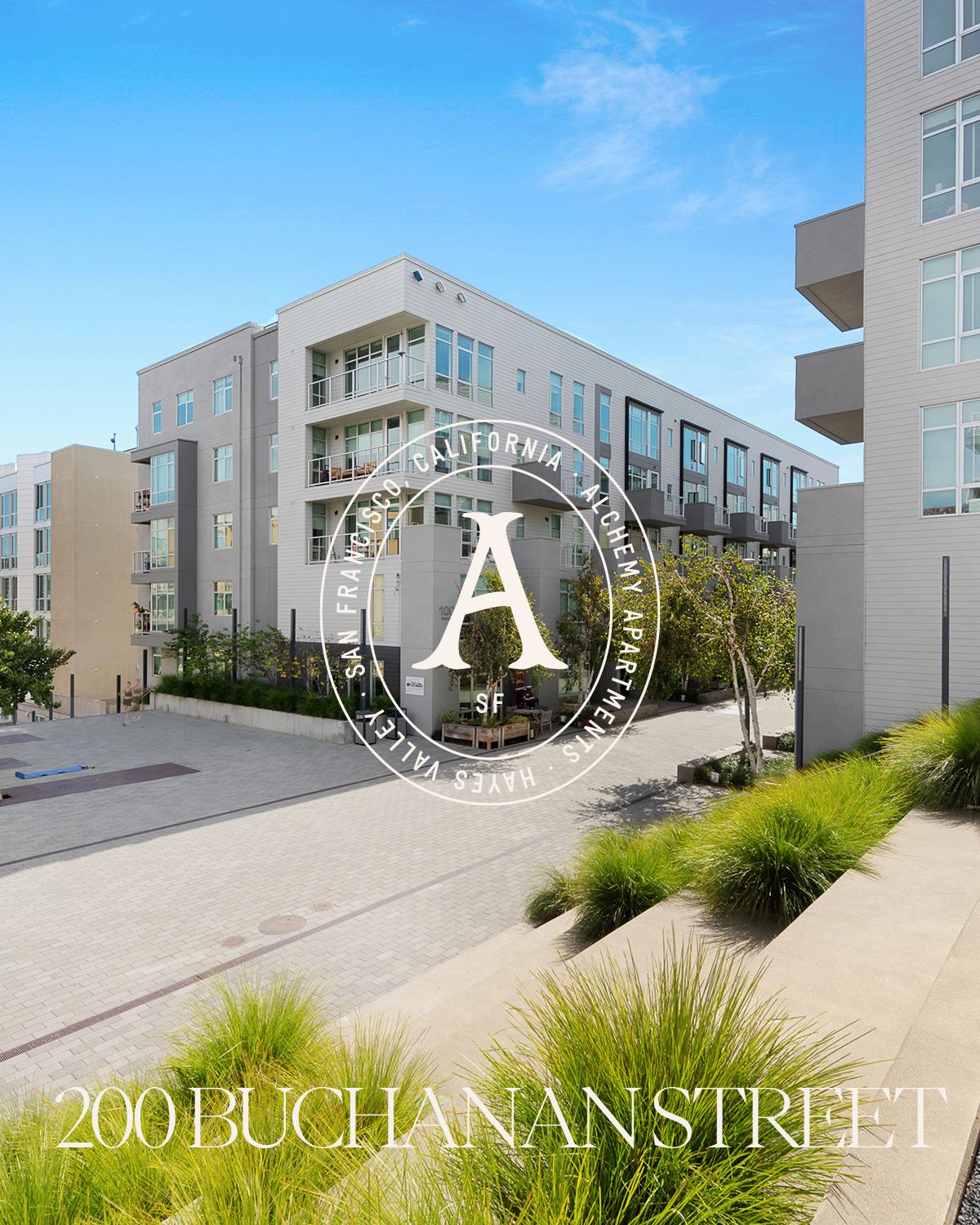 Exterior of Alchemy Apartments with open courtyard, stairs and modern landscaping