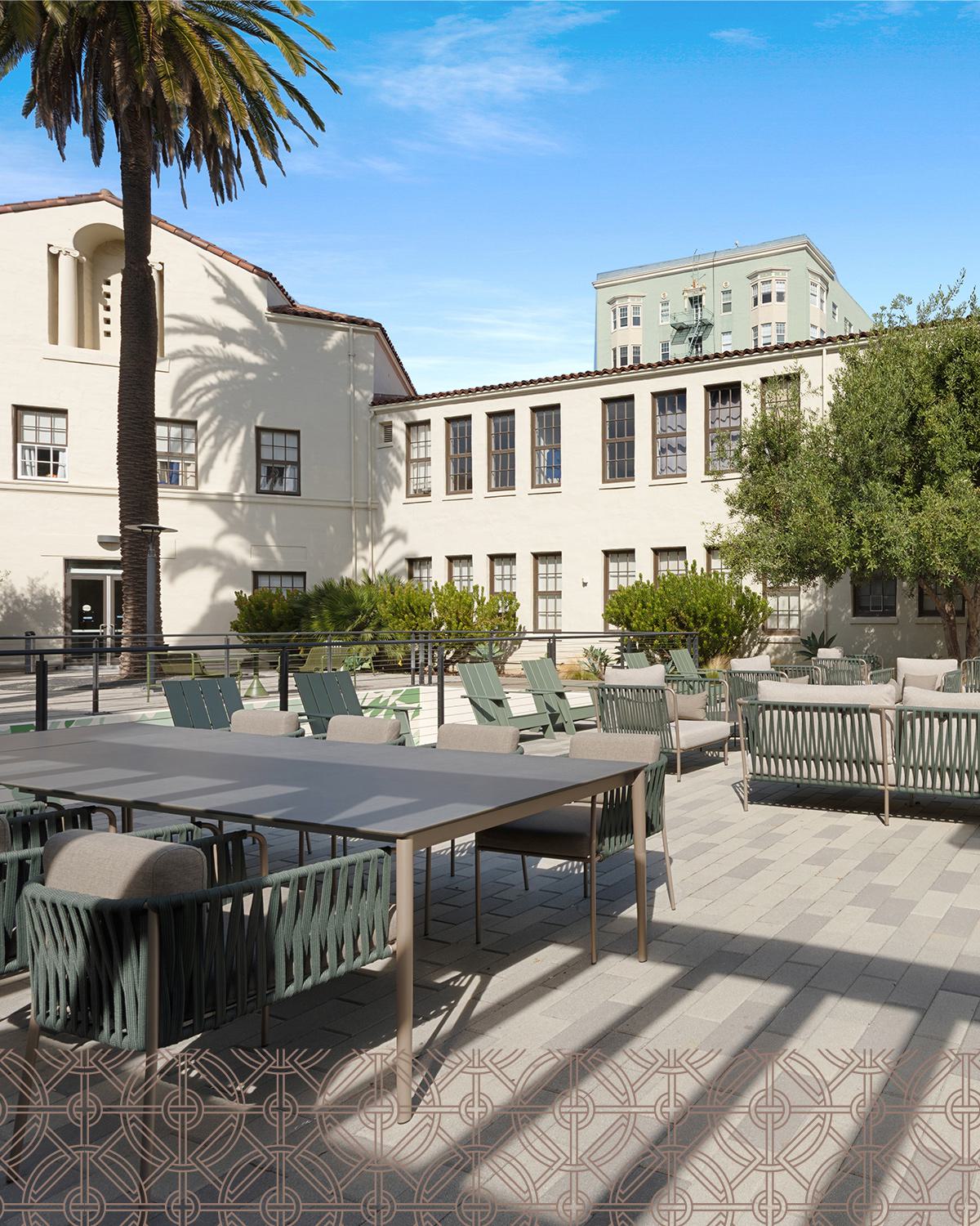 Alchemy contemporary apartment building in Hayes Valley with clean lines, large windows, and private balconies, framed by sleek siding and light neutral tones. Trees line the paved courtyard below, giving the space a modern, walkable neighborhood feel.