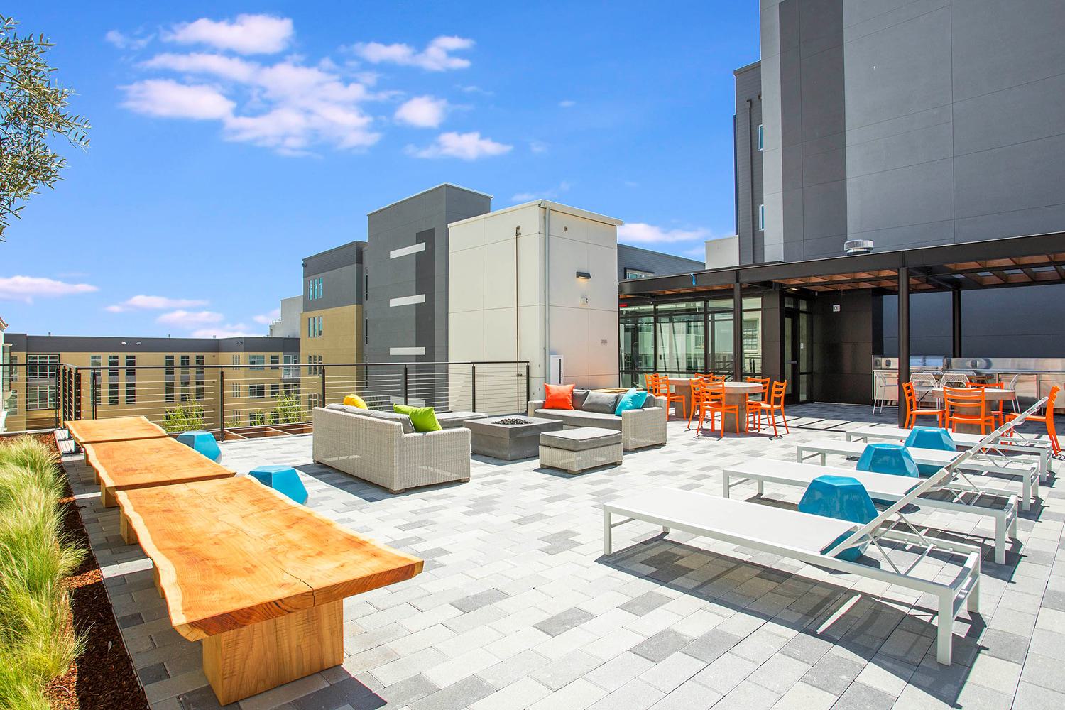 This rooftop lounge features a striking live-edge wood table, surrounded by modern seating with colorful accent pillows and geometric blue stools. Framed by sleek railing and soft landscaping, the space blends urban style with natural textures under open skies.