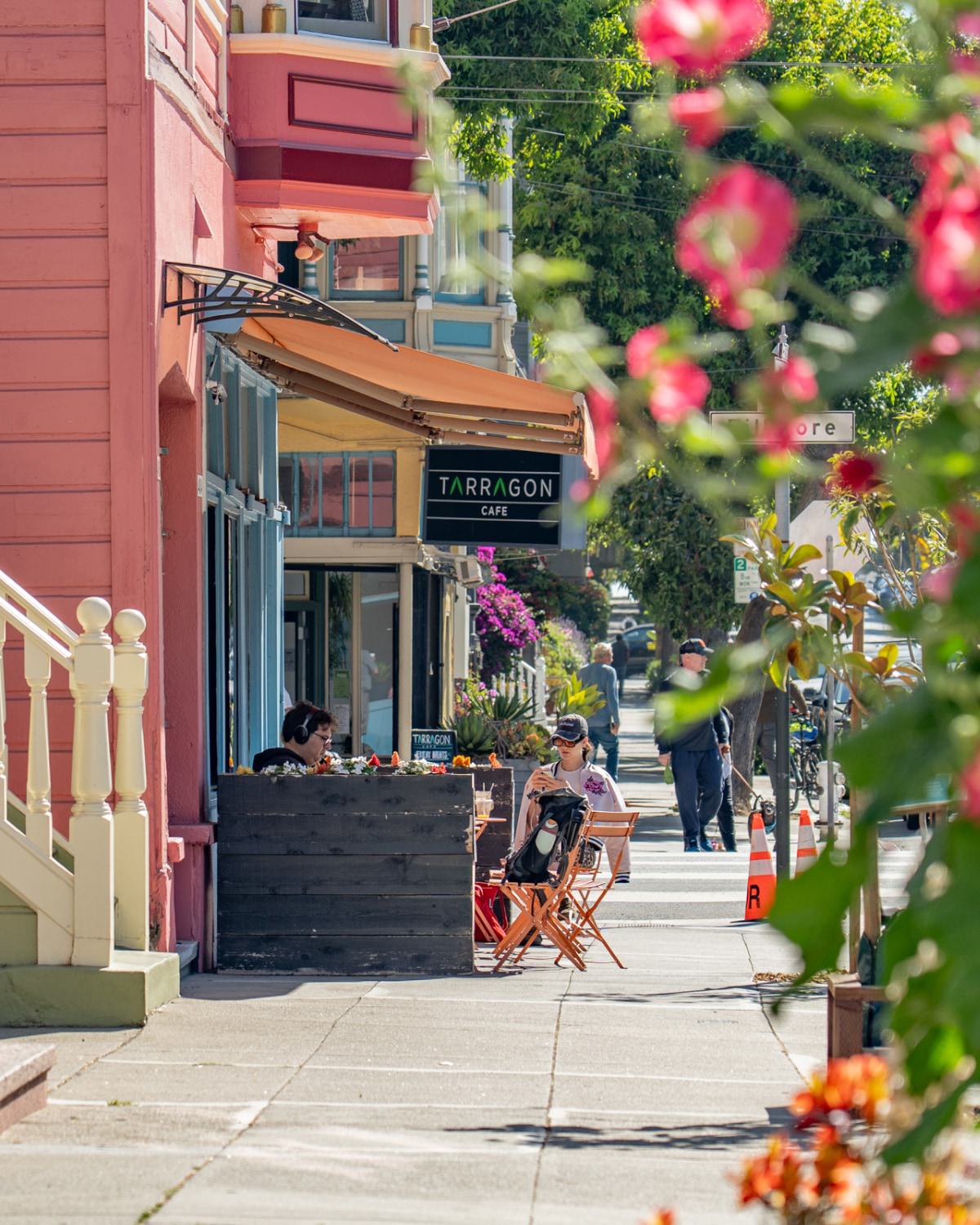 Cafe exterior in San Francisco’s Lower Haight on a sunny day.