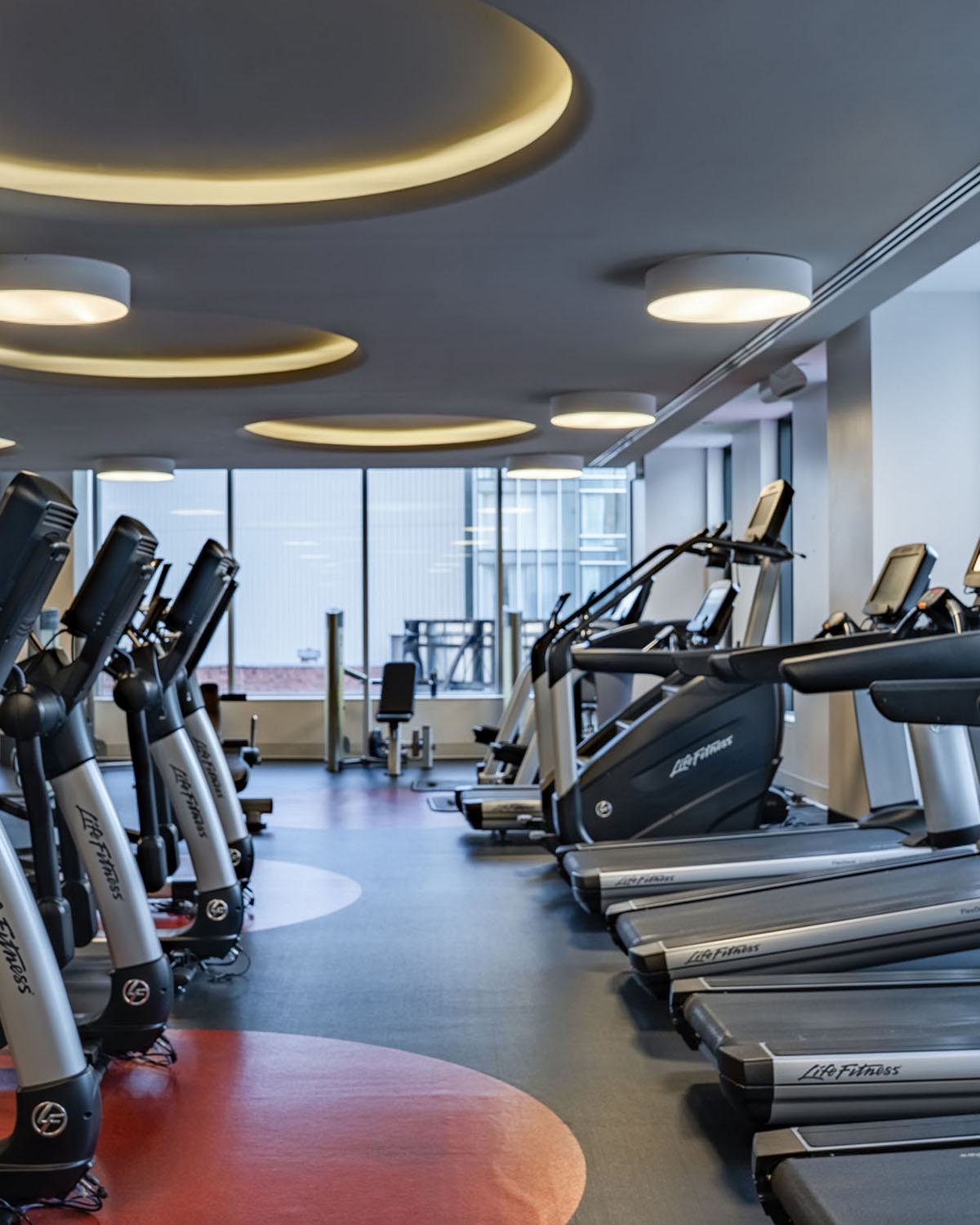 Fitness center with rows of Life Fitness treadmills, elliptical machines, and stationary bikes, positioned under circular recessed lighting. Floor-to-ceiling windows line one side of the room, and multiple flat-screen TVs display sports and scenic imagery along a concrete accent wall.