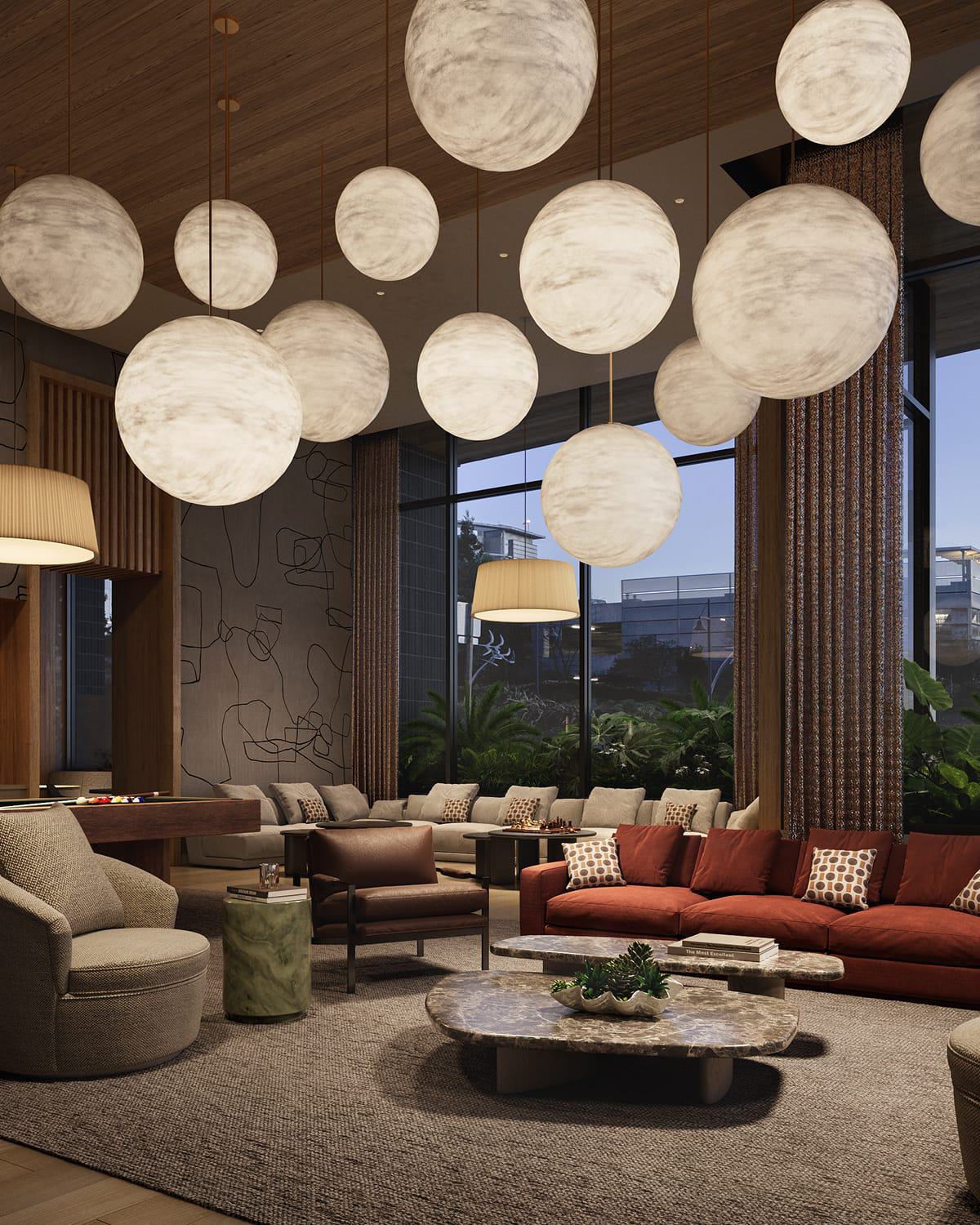 A warm, inviting lounge space with plush seating, a pool table, and abstract globe pendant lights. Tall windows frame lush greenery and evening views of modern buildings, creating an ideal setting for relaxed social gatherings.