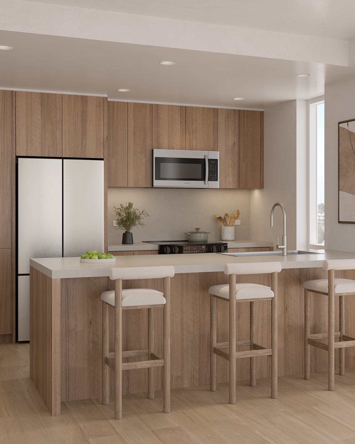 Contemporary kitchen with light wood cabinetry, sleek island seating, luxe appliances, and floor to ceiling windows offering sunny Hillcrest views and abundant natural light.