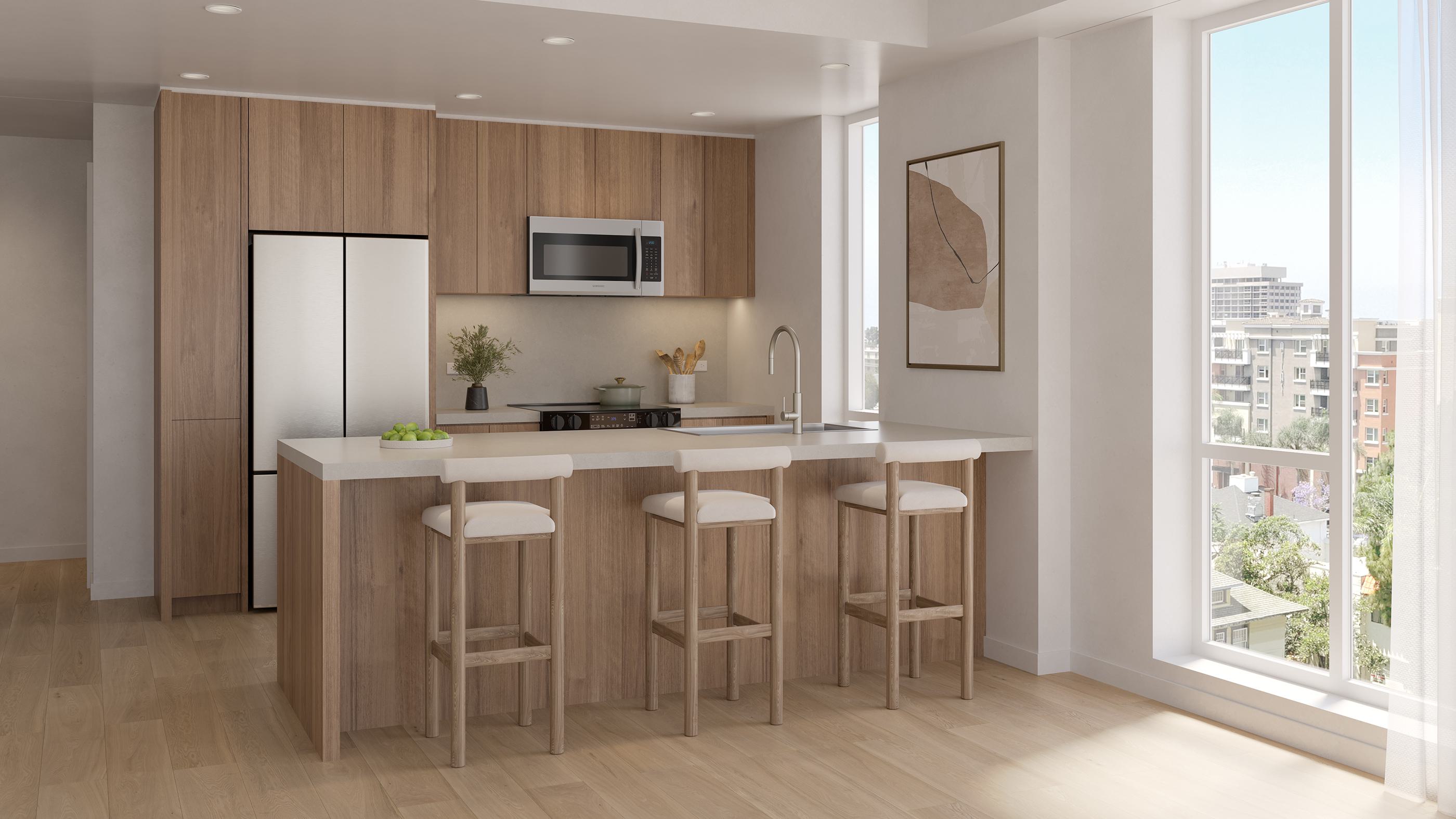 Contemporary kitchen with light wood cabinetry, sleek island seating, luxe appliances, and floor to ceiling windows offering sunny Hillcrest views and abundant natural light.