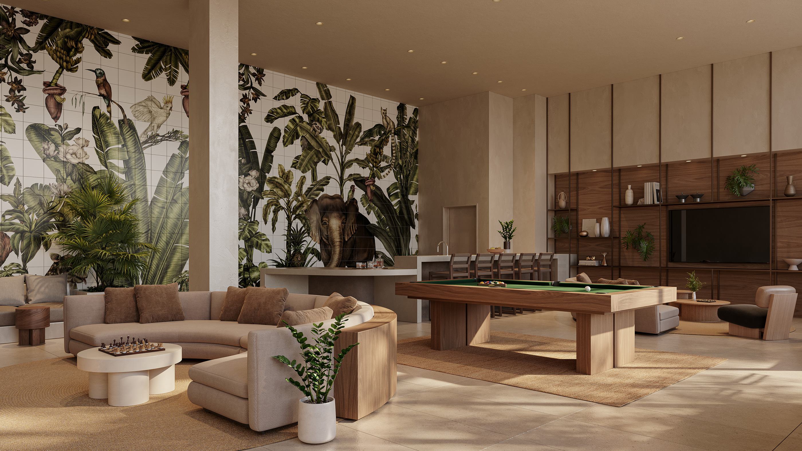 Spacious club lounge featuring a pool table, curved beige sofas, and a large botanical wall mural with tropical plants and an elephant illustration. The room includes a bar area with counter seating, a wall-mounted TV, and warm, natural wood finishes throughout.