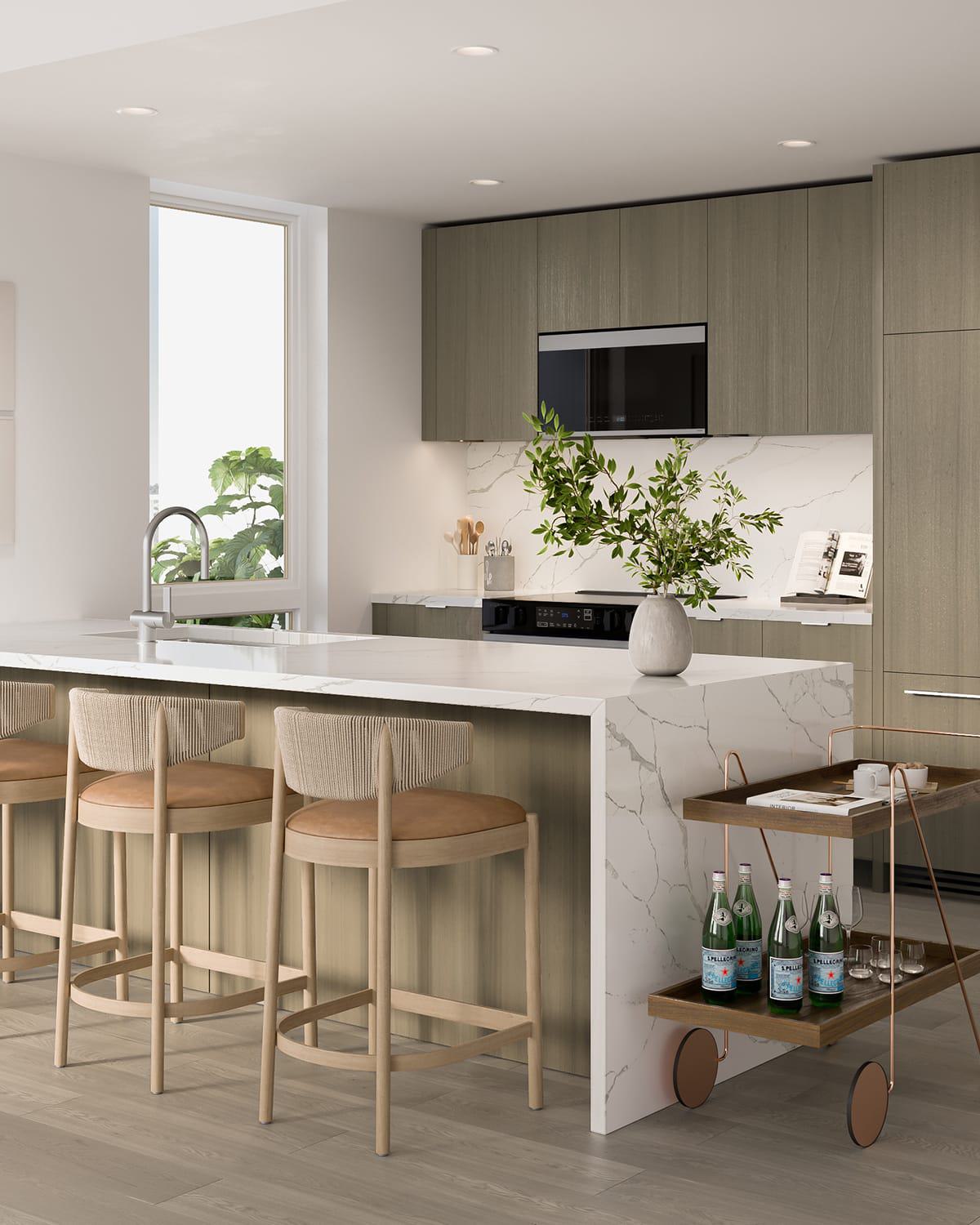 Finish one: refined modern kitchen with warm wood cabinetry, a waterfall-edge marble island, and soft neutral tones. Light wood barstools with woven backs add texture, while a chic brass bar cart and greenery complete the airy, elegant space. Floor-to-ceiling windows brighten the room with natural light.
