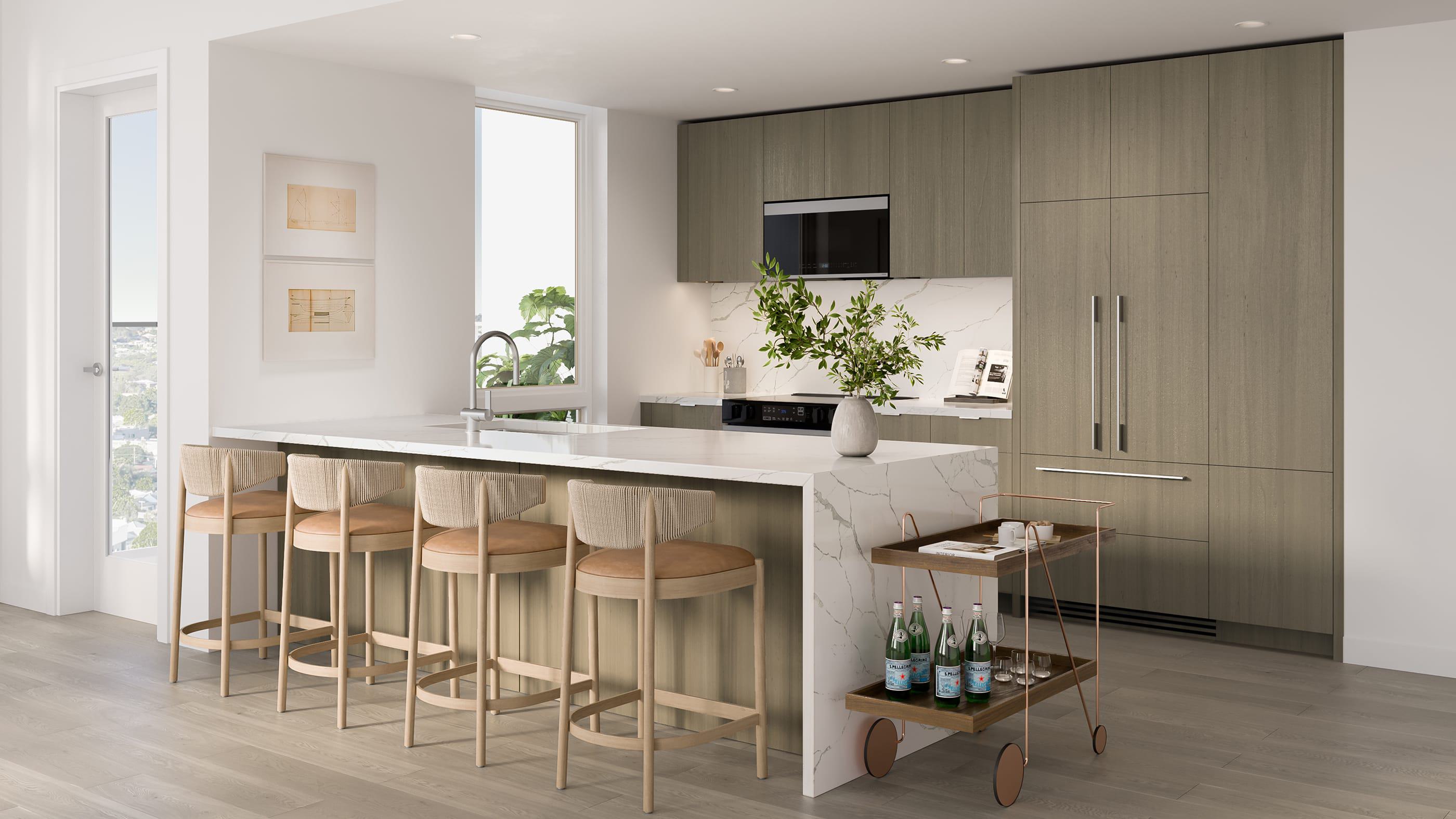 Finish one: refined modern kitchen with warm wood cabinetry, a waterfall-edge marble island, and soft neutral tones. Light wood barstools with woven backs add texture, while a chic brass bar cart and greenery complete the airy, elegant space. Floor-to-ceiling windows brighten the room with natural light.