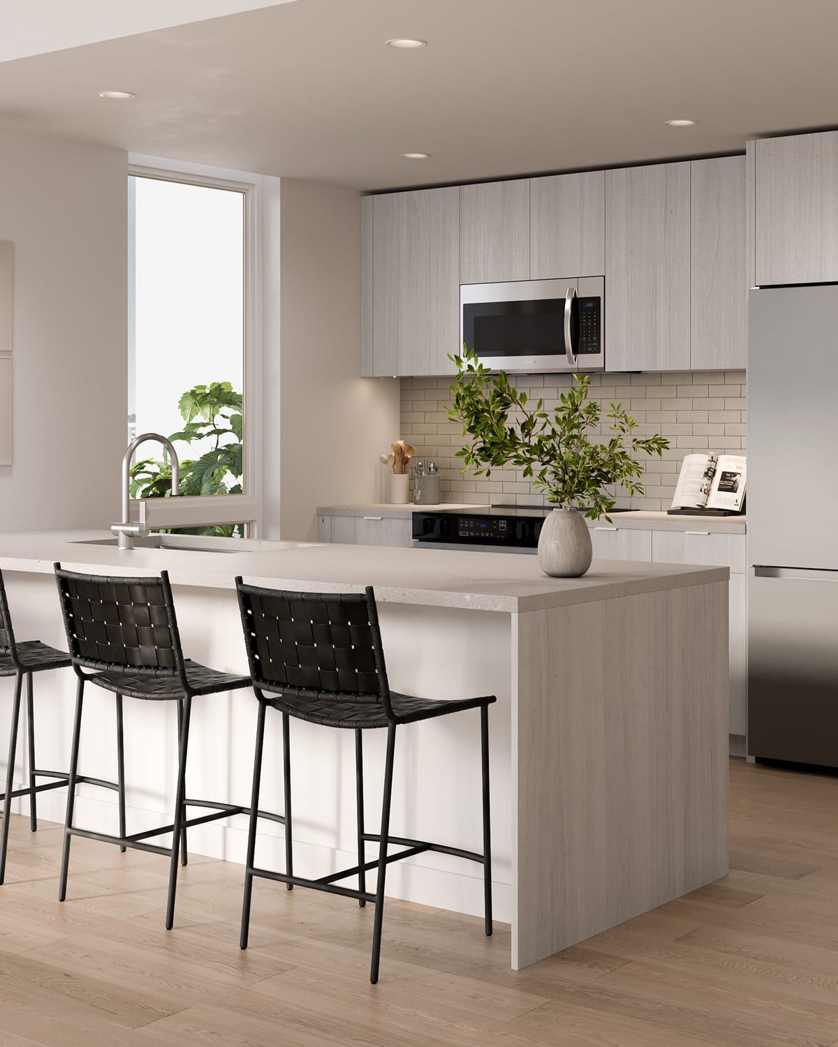 Finish two: bright, minimalist kitchen with light wood cabinetry, sleek quartz countertops, and stainless steel appliances. A central island with black woven barstools offers seating and workspace, while large windows provide natural light and glimpses of the cityscape beyond.