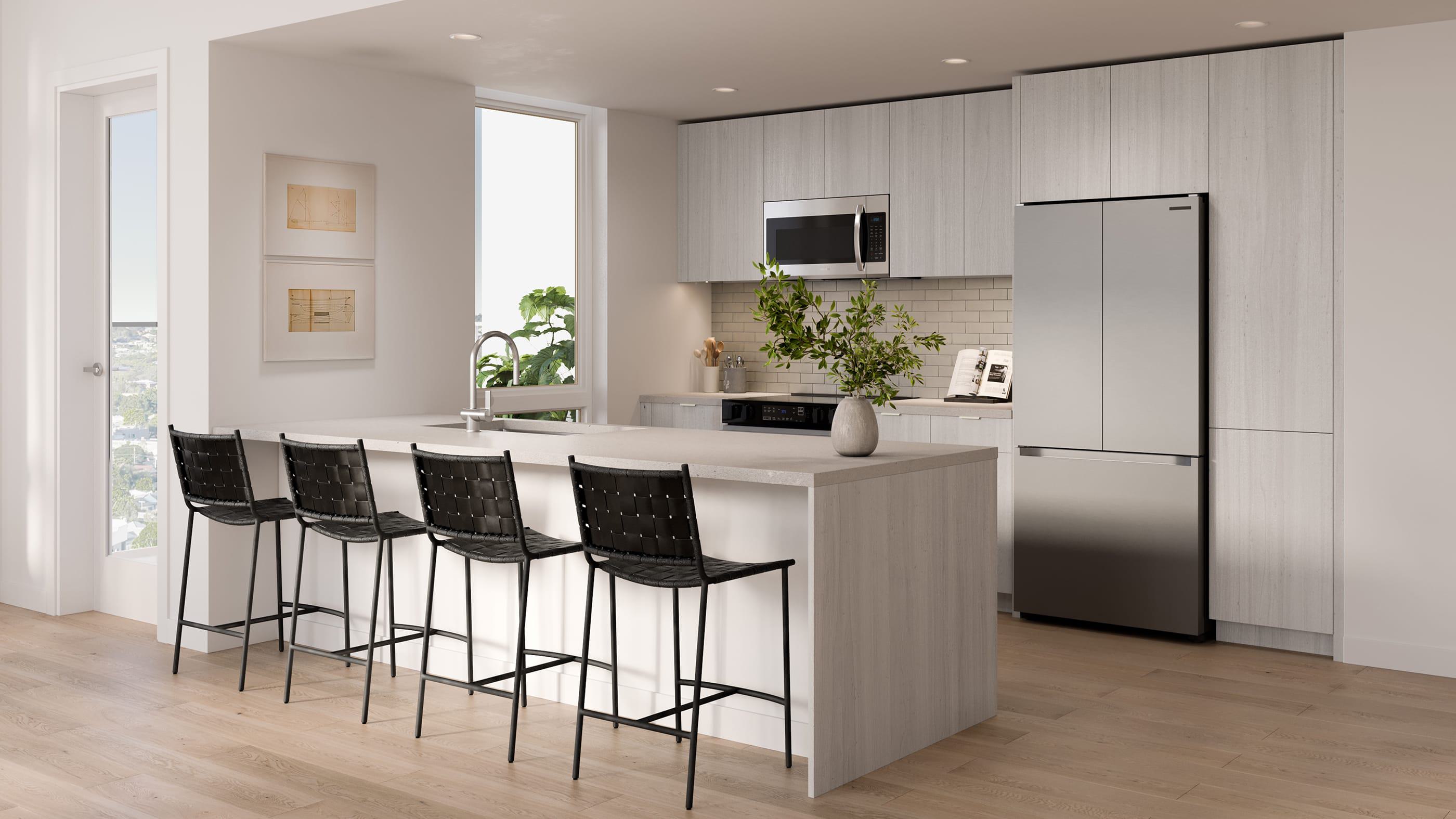 Finish two: bright, minimalist kitchen with light wood cabinetry, sleek quartz countertops, and stainless steel appliances. A central island with black woven barstools offers seating and workspace, while large windows provide natural light and glimpses of the cityscape beyond.