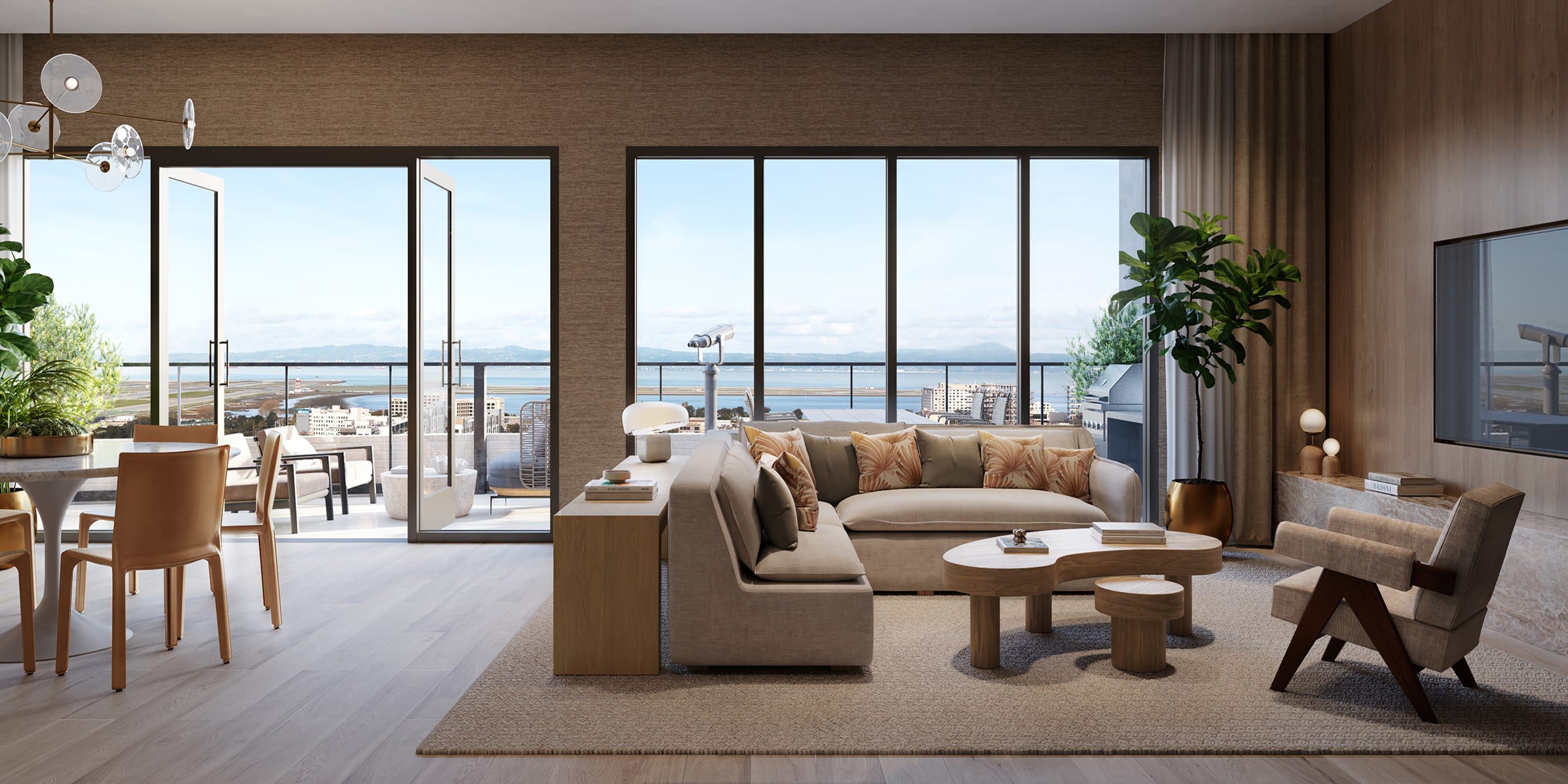 Elegant Sunrise Lounge at Revery featuring a modern living area with a plush sectional sofa, accent chairs, dining space, and floor-to-ceiling windows opening to a terrace with panoramic Bay views.