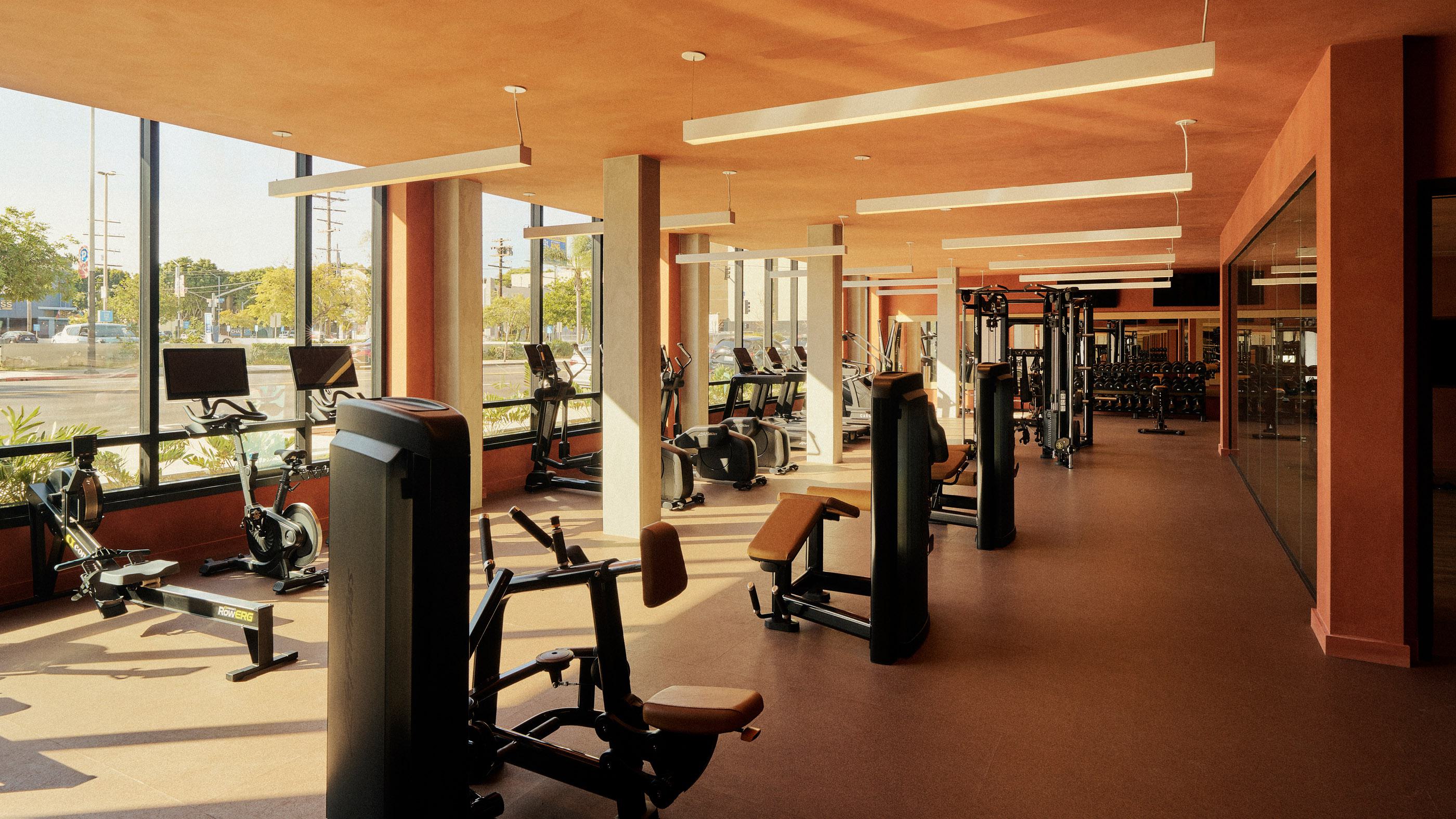 Spacious, modern fitness center with floor-to-ceiling windows, state-of-the-art equipment, cardio machines, and weightlifting stations in a warm, earth-toned setting.