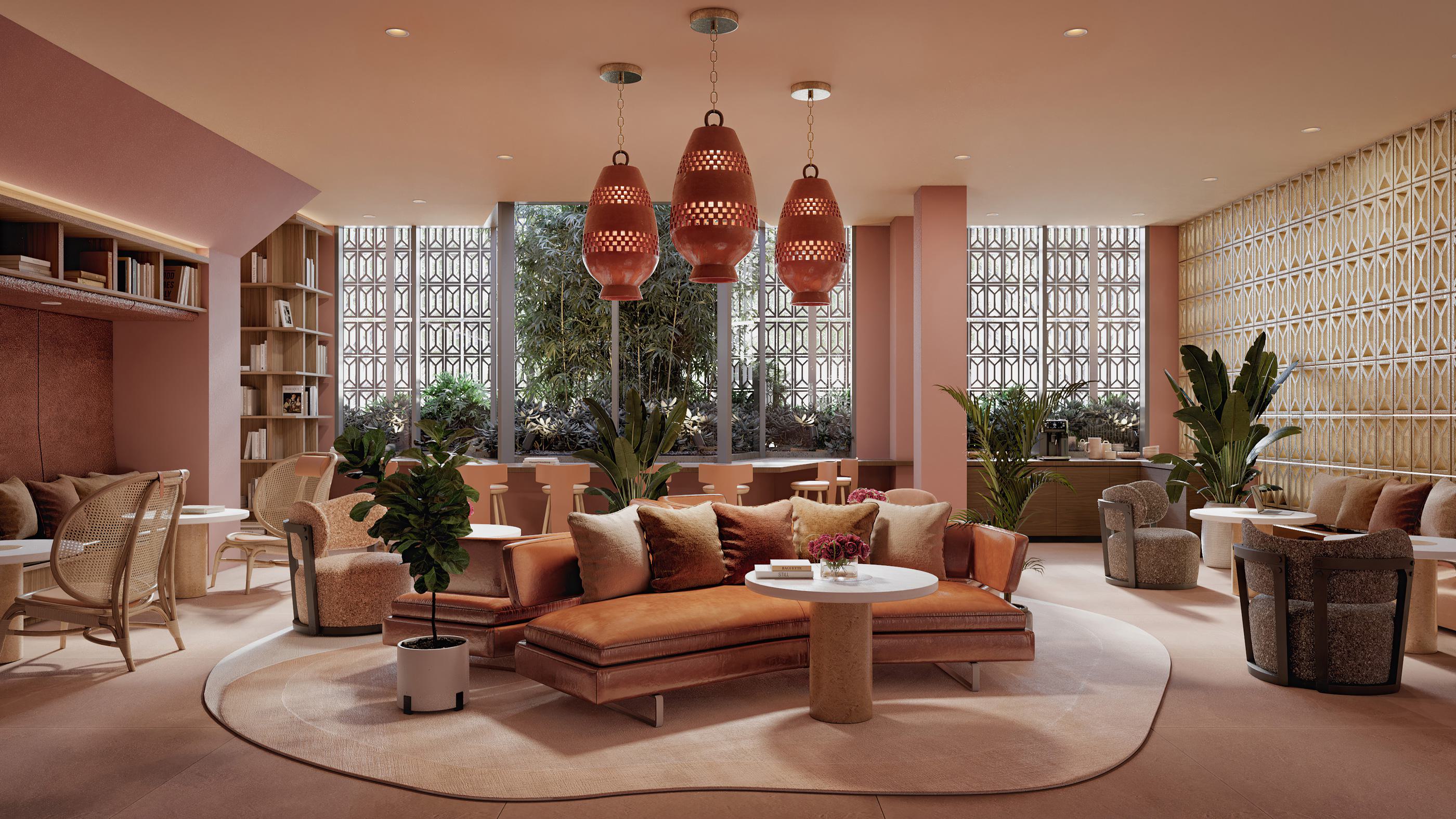A richly textured lobby at Rowyn Apartments featuring warm terracotta tones, sculptural pendant lighting, plush seating, curated bookshelves, and statement geometric wall panels—blending boutique hotel ambiance with elevated residential design.