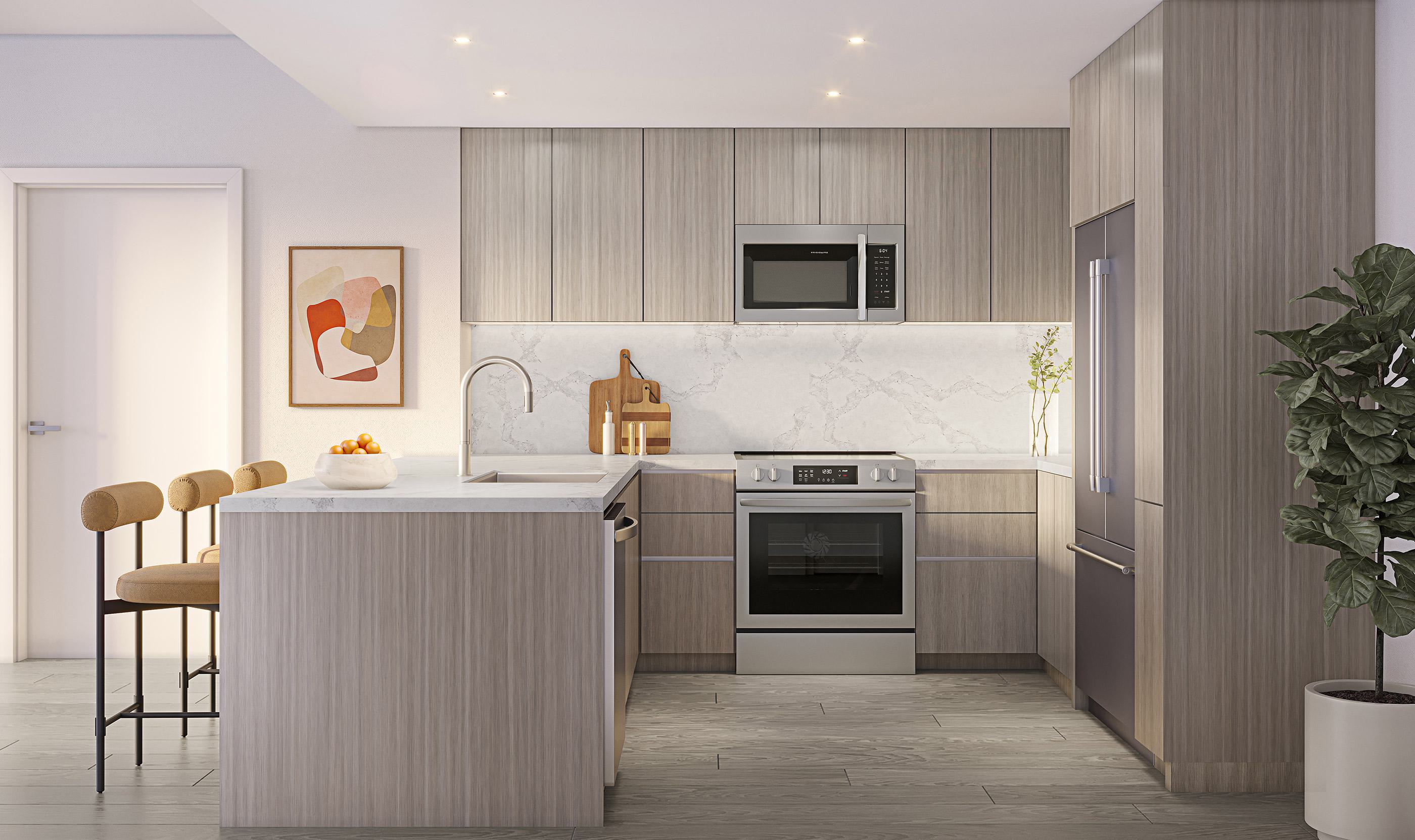 Modern kitchen at Zephyr in Woodley Park, DC, featuring warm wood cabinetry, sleek Bosch stainless steel appliances, quartz countertops, a marble-look backsplash, and a peninsula with upholstered bar seating.