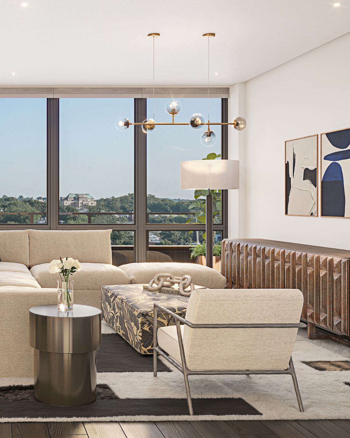Spacious living area at Zephyr in Woodley Park, DC, featuring floor-to-ceiling windows, a neutral sectional sofa, modern lighting, and expansive views of the surrounding neighborhood and greenery.