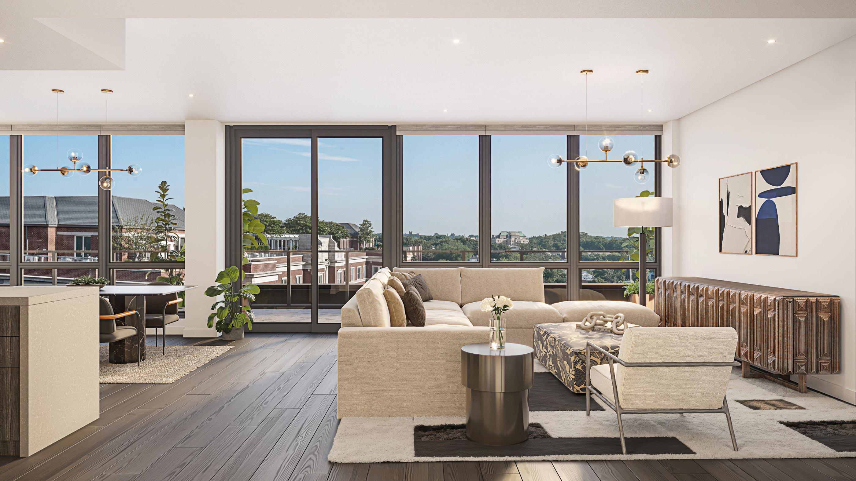 Spacious living area at Zephyr in Woodley Park, DC, featuring floor-to-ceiling windows, a neutral sectional sofa, modern lighting, and expansive views of the surrounding neighborhood and greenery.