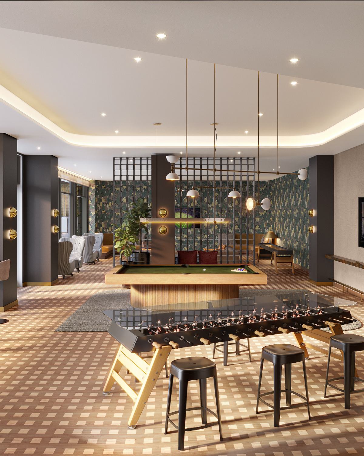 Game lounge at Zephyr in Woodley Park, DC, featuring a pool table, foosball table, bar-style seating, and cozy booths, with warm lighting and floor-to-ceiling windows overlooking landscaped outdoor areas.