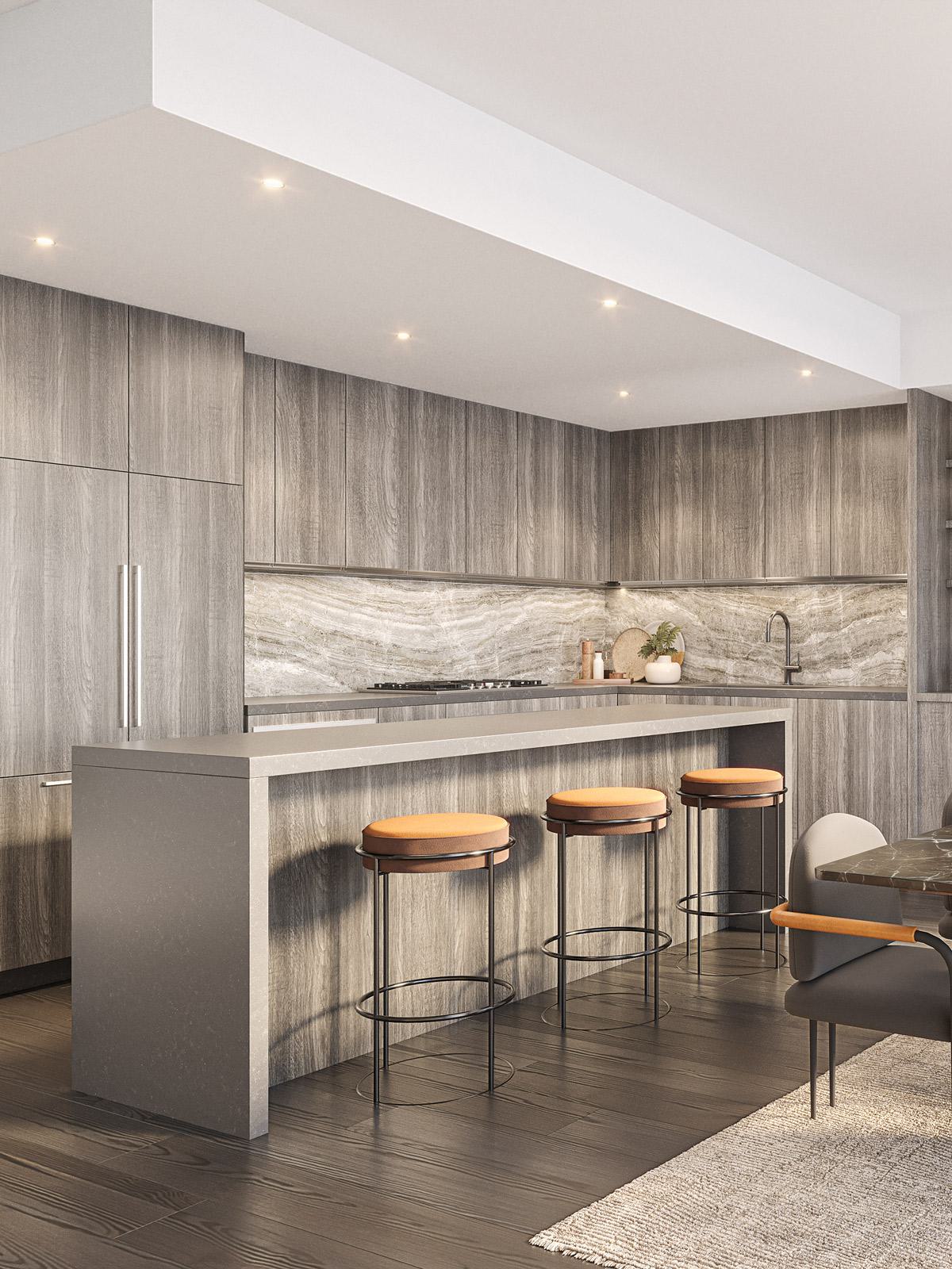 Penthouse living room at Zephyr in Woodley Park, DC, featuring a spacious open layout, contemporary furnishings, floor-to-ceiling windows, and sweeping views of the neighborhood and treetops.