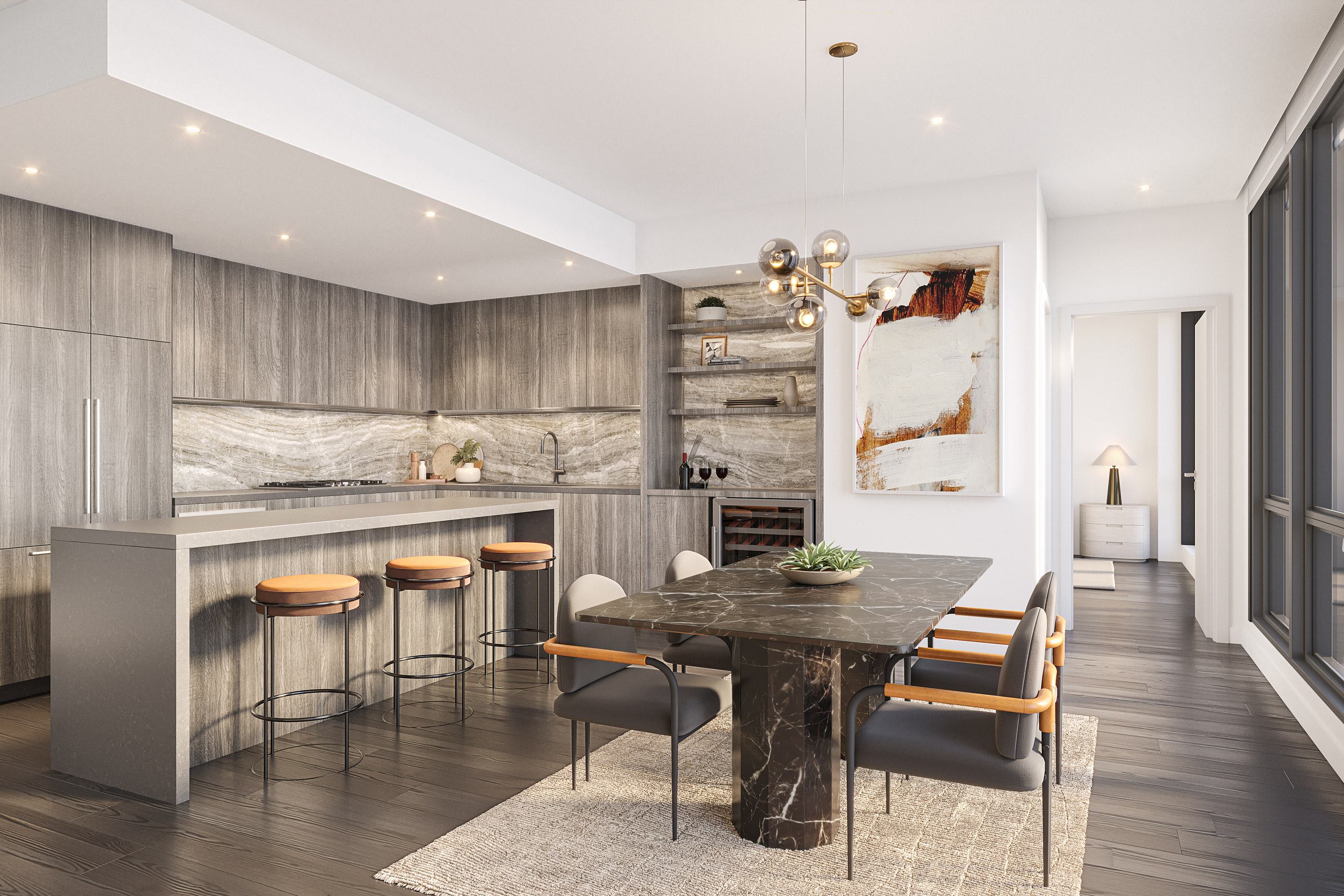 Penthouse living room at Zephyr in Woodley Park, DC, featuring a spacious open layout, contemporary furnishings, floor-to-ceiling windows, and sweeping views of the neighborhood and treetops.