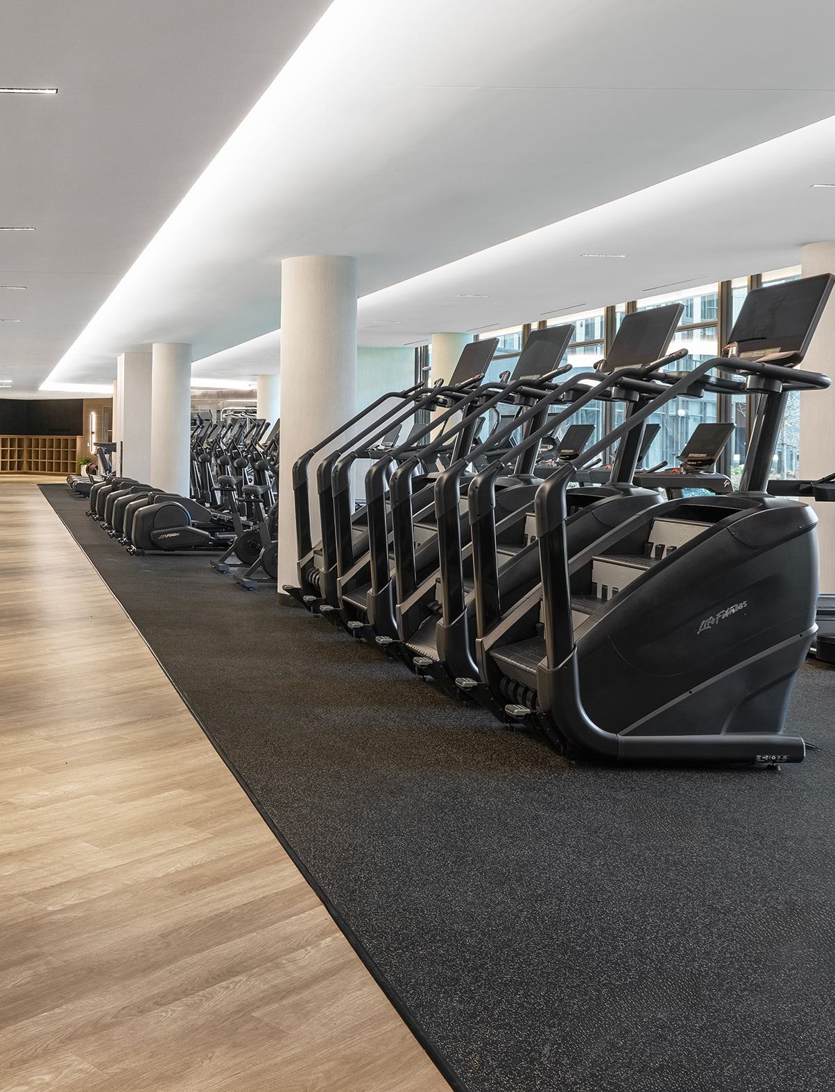 Expansive fitness center at Zephyr in Woodley Park, DC, featuring rows of cardio machines, strength-training equipment, spin bikes, and functional training zones in a modern, well-lit space with sleek wood and stone finishes.