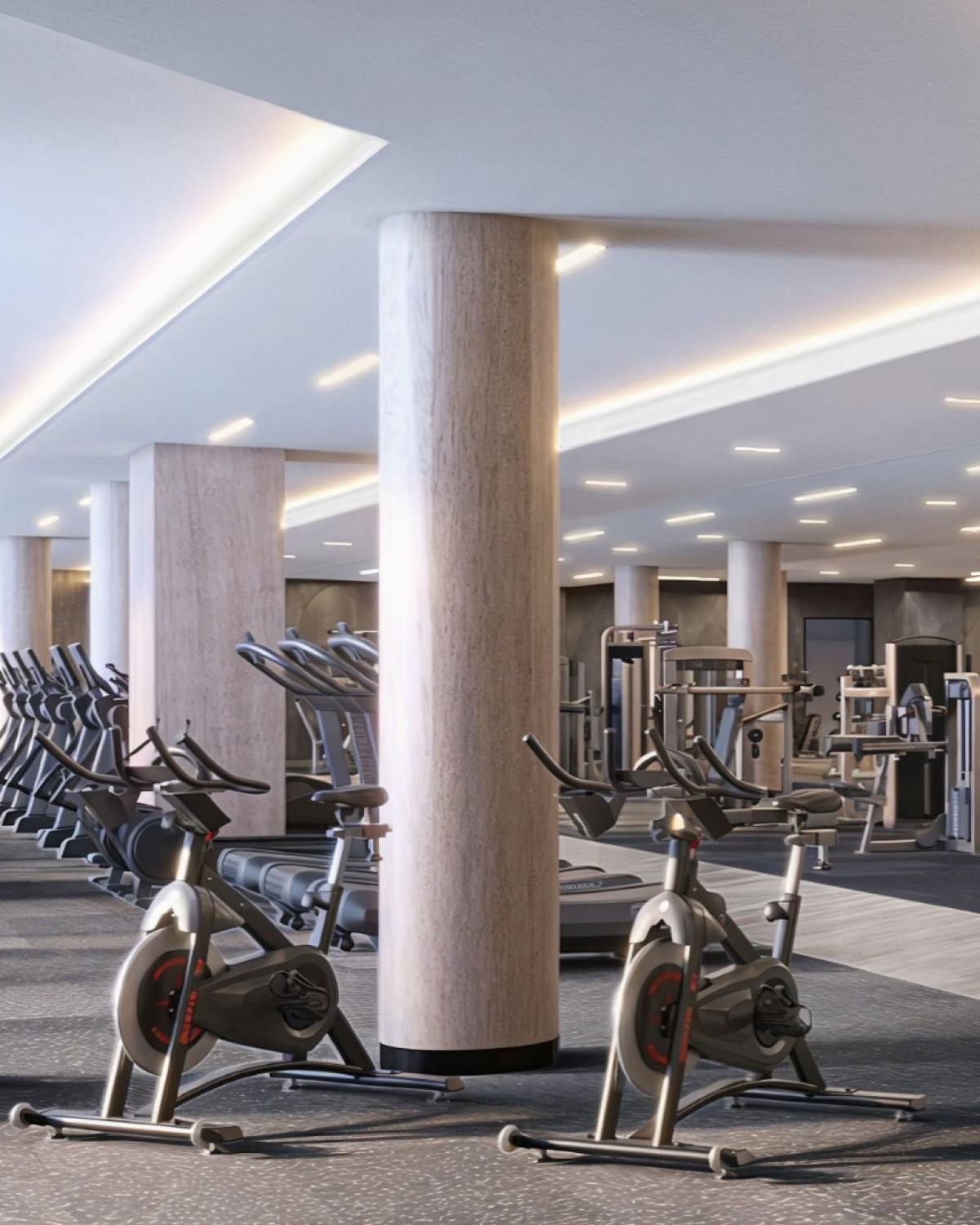 Expansive fitness center at Zephyr in Woodley Park, DC, featuring rows of cardio machines, strength-training equipment, spin bikes, and functional training zones in a modern, well-lit space with sleek wood and stone finishes.