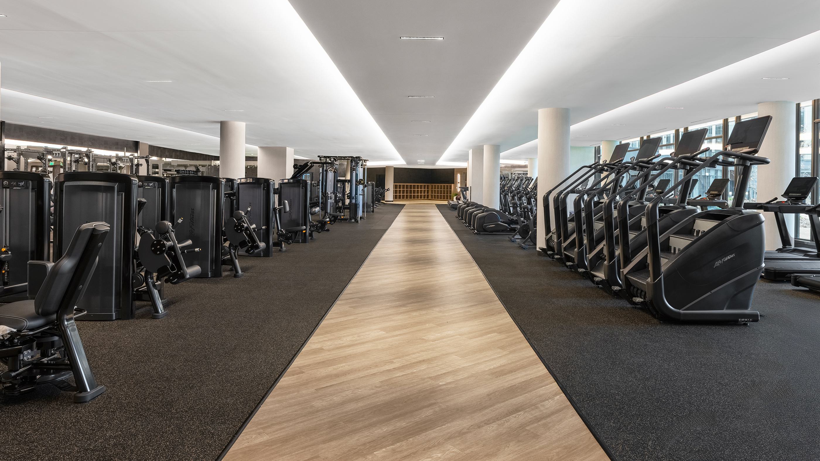 Expansive fitness center at Zephyr in Woodley Park, DC, featuring rows of cardio machines, strength-training equipment, spin bikes, and functional training zones in a modern, well-lit space with sleek wood and stone finishes.