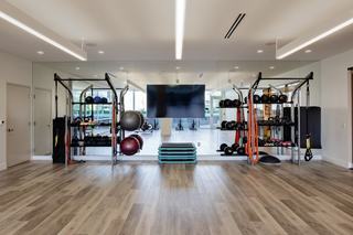 Yoga and functional training space with mirrored wall, mounted TV, wood floors, and equipment including kettlebells, medicine balls, resistance bands, stability balls, BOSU trainer, TRX straps, aerobic steps, and a punching bag, with open floor area suitable for yoga and stretching.
