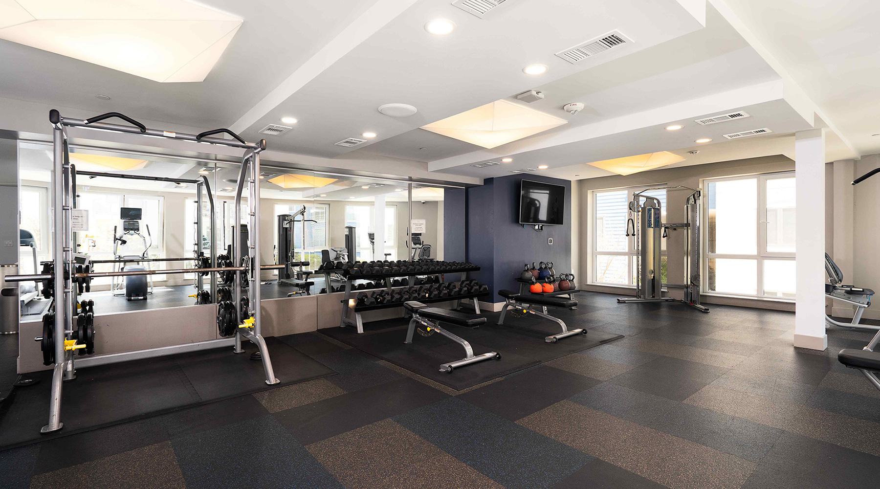 he Triton’s fitness center with a Smith machine, dumbbell rack, kettlebells, benches, and cable machine, set in a bright room with large windows and mirrors.