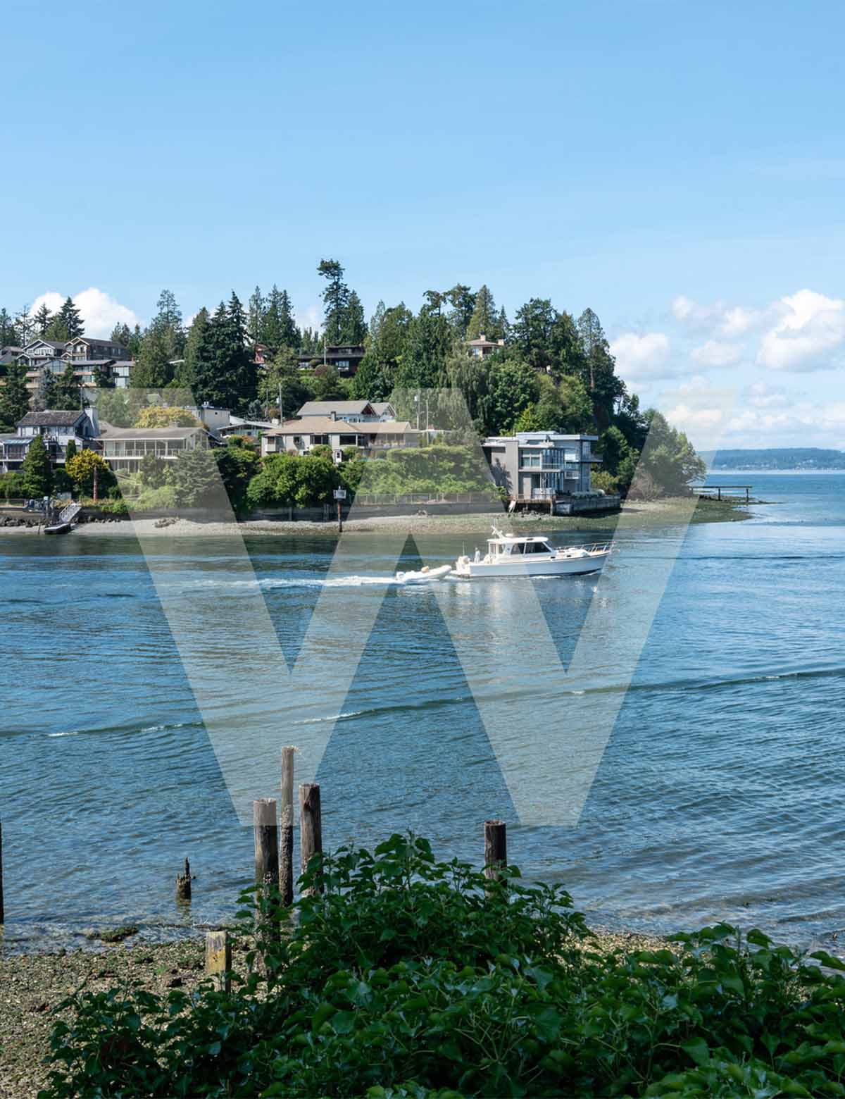 A small boat travels through Shilshole Bay with waterfront homes and greenery along Ballard’s scenic shoreline in Seattle, WA.