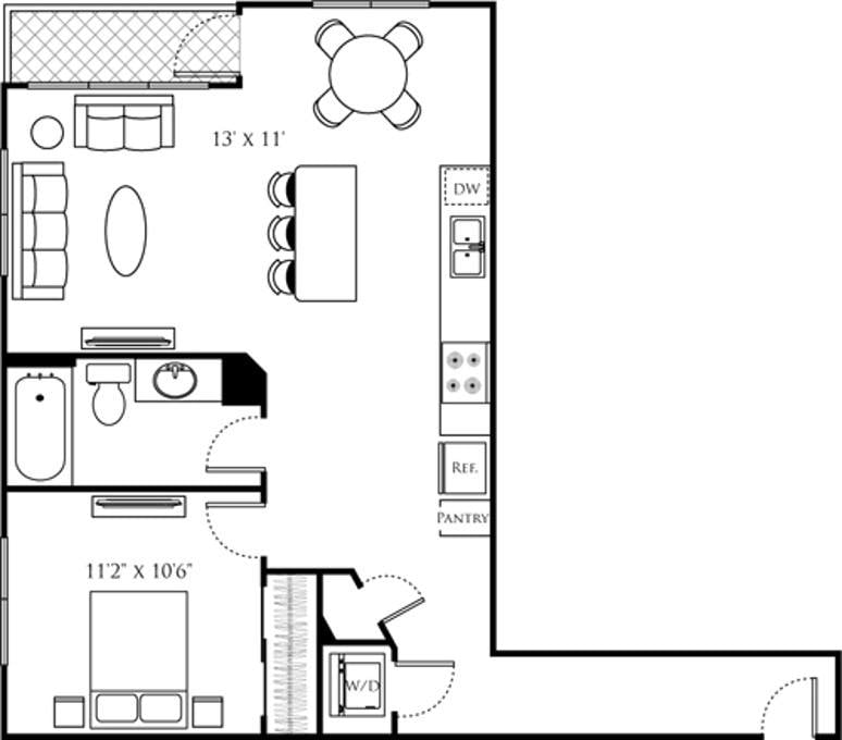 One Bedroom L (1A) diagram