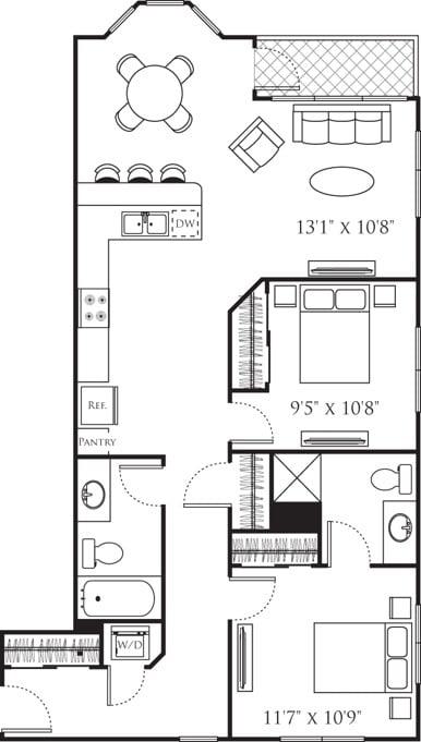 Two Bedroom H (2A) diagram