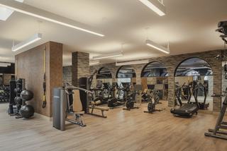 Modern fitness center at Denizen with high ceilings, wood-look flooring, and distinct workout zones featuring cardio machines, strength-training equipment, TRX suspension straps, free weights, and stability balls, all set against mirrored walls and arched windows.