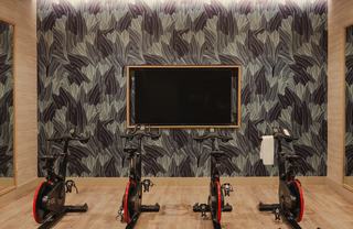 Spin studio at Denizen with ICG stationary bikes facing a large wall-mounted screen, wood-style flooring, and bold patterned accent walls.