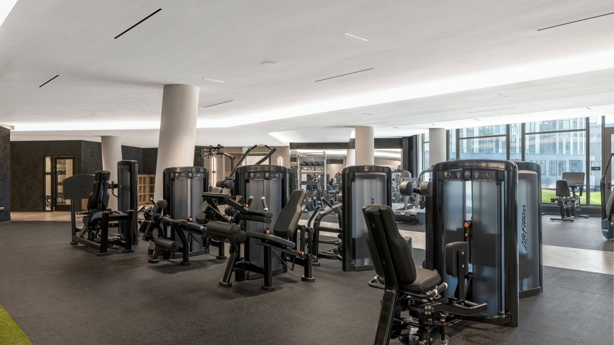 Strength training area at Wardman Park fitness center in Washington, DC, featuring Life Fitness machines, free weights, and modern design with natural light.
