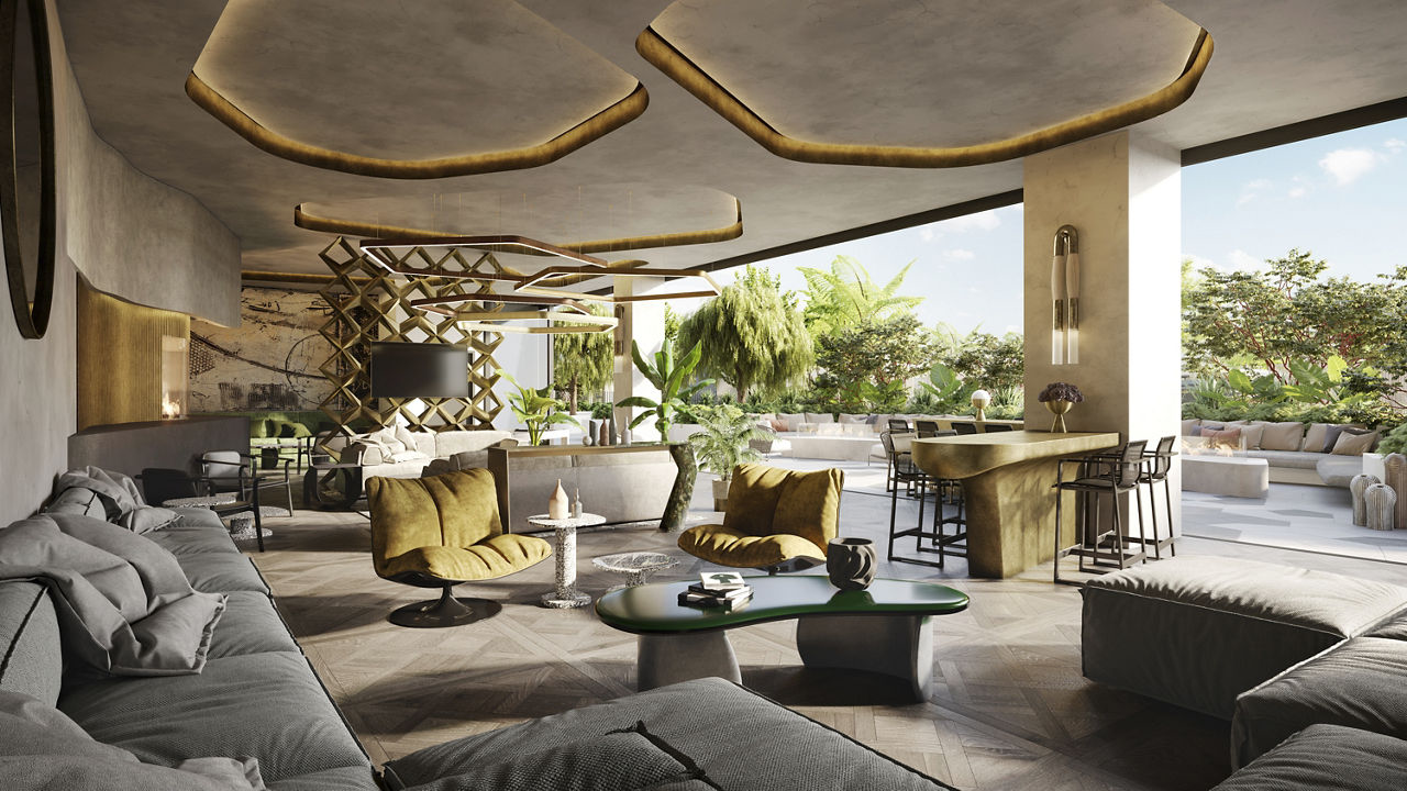 Luxurious covered outdoor living space with sculptural golden-edged ceiling elements, multiple seating areas in neutral tones, and a bar area that seamlessly blends with lush tropical landscaping.