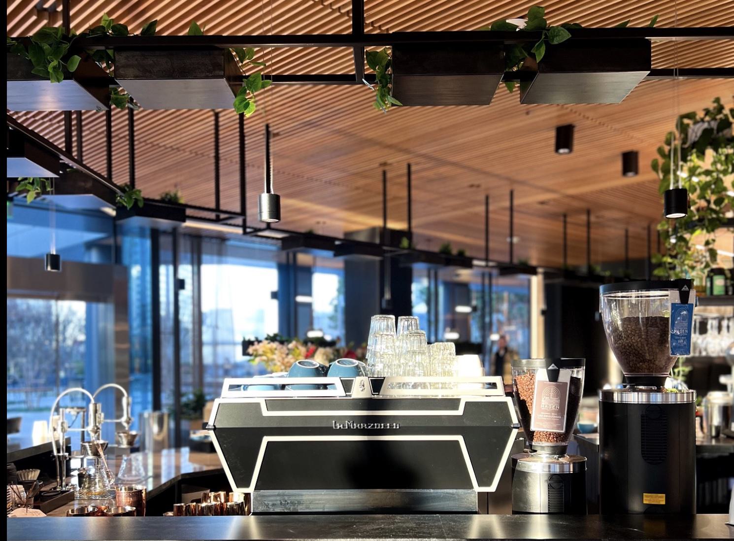 La Marzocco espresso machine and coffee grinder on a sleek black counter inside Café Hagen, with wood slat ceiling, pendant lights, and greenery overhead.
